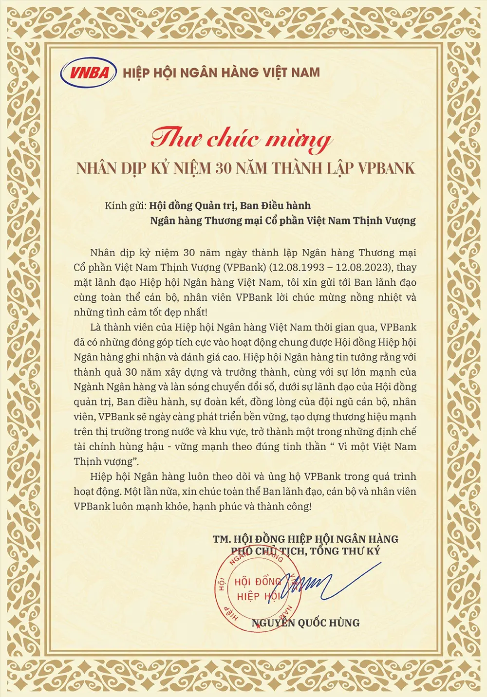 Hiệp hội Ngân hàng Việt Nam chúc mừng VPBank nhân dịp kỷ niệm 30 năm thành lập