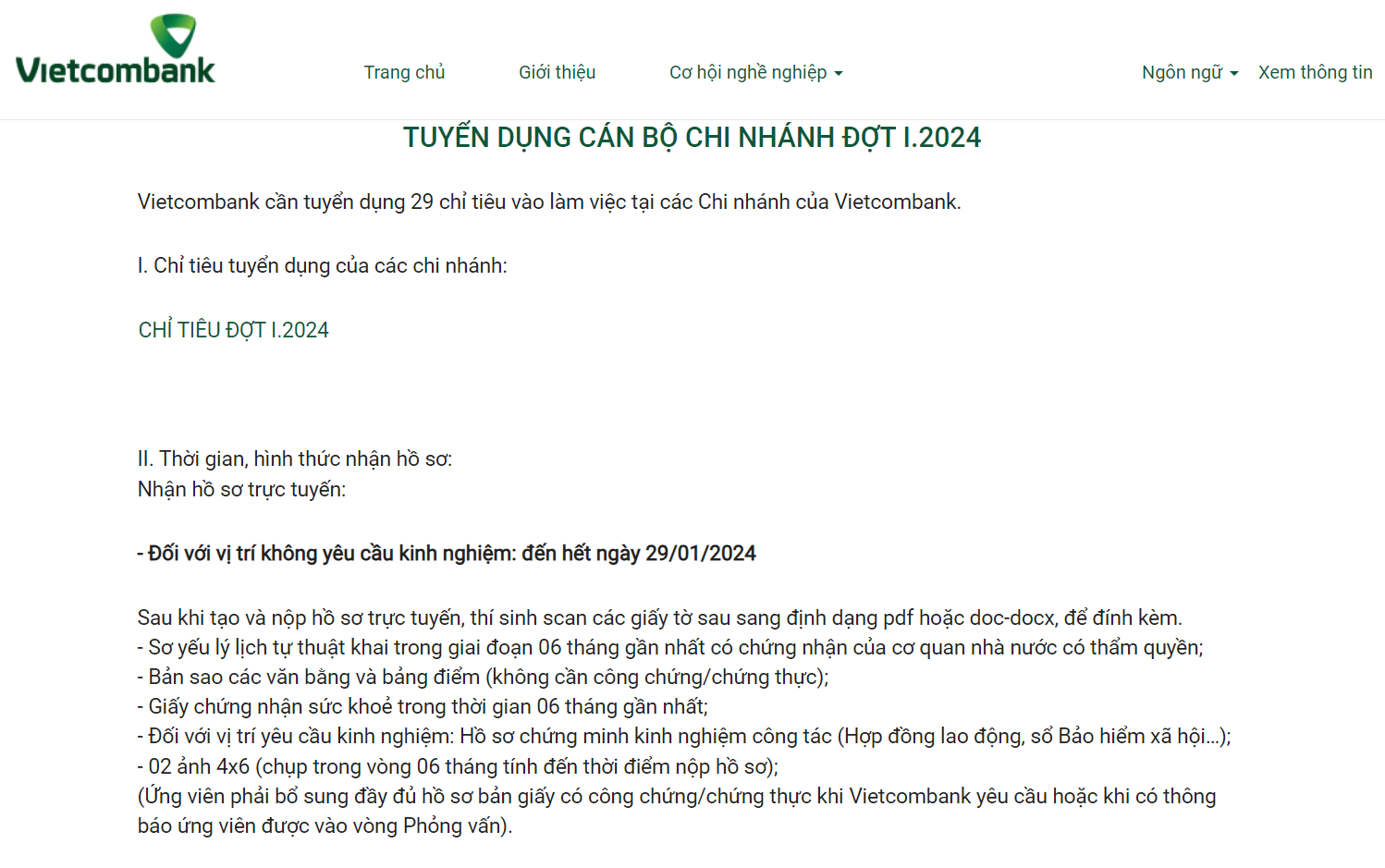 Vietcombank tuyển dụng cán bộ chi nhánh đợt I/2024
