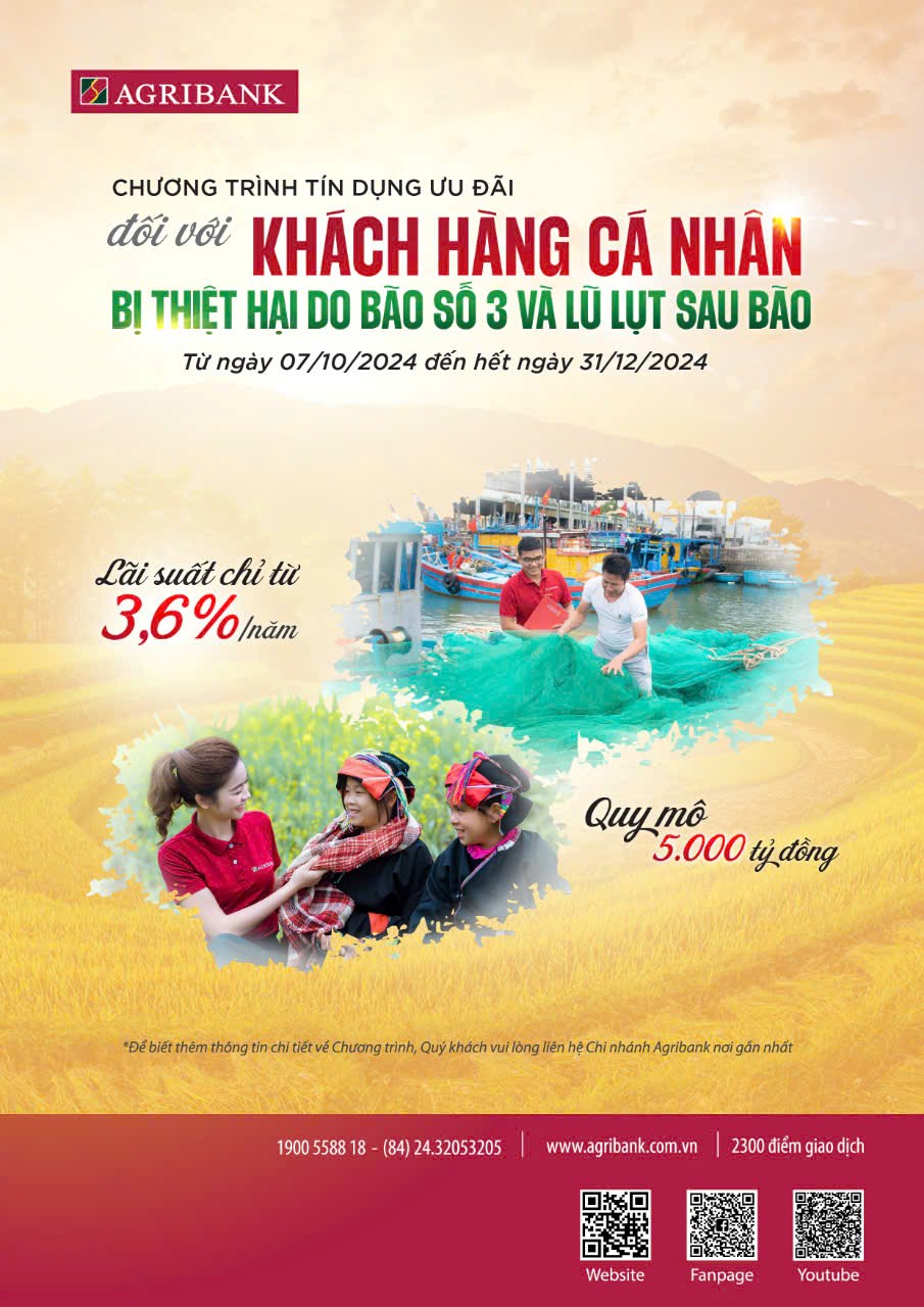 Agribank dành 5.000 tỷ đồng cho vay ưu đãi với khách hàng bị thiệt hại do bão số 3. Ảnh: Hải Yến/BNEWS/TTXVN