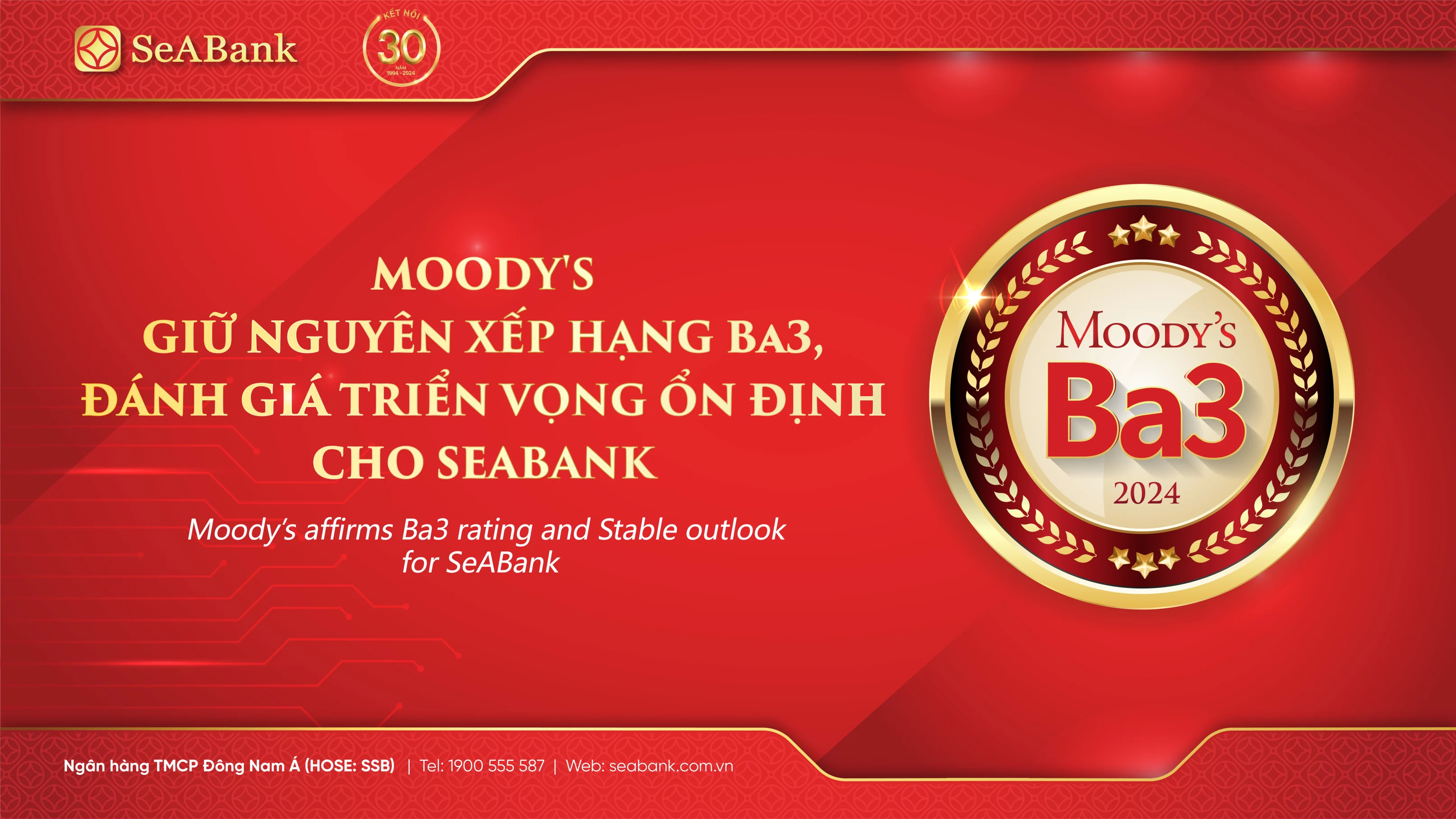 Moody's giữ nguyên xếp hạng tín nhiệm của SeABank ở mức Ba3 và triển vọng Ổn định