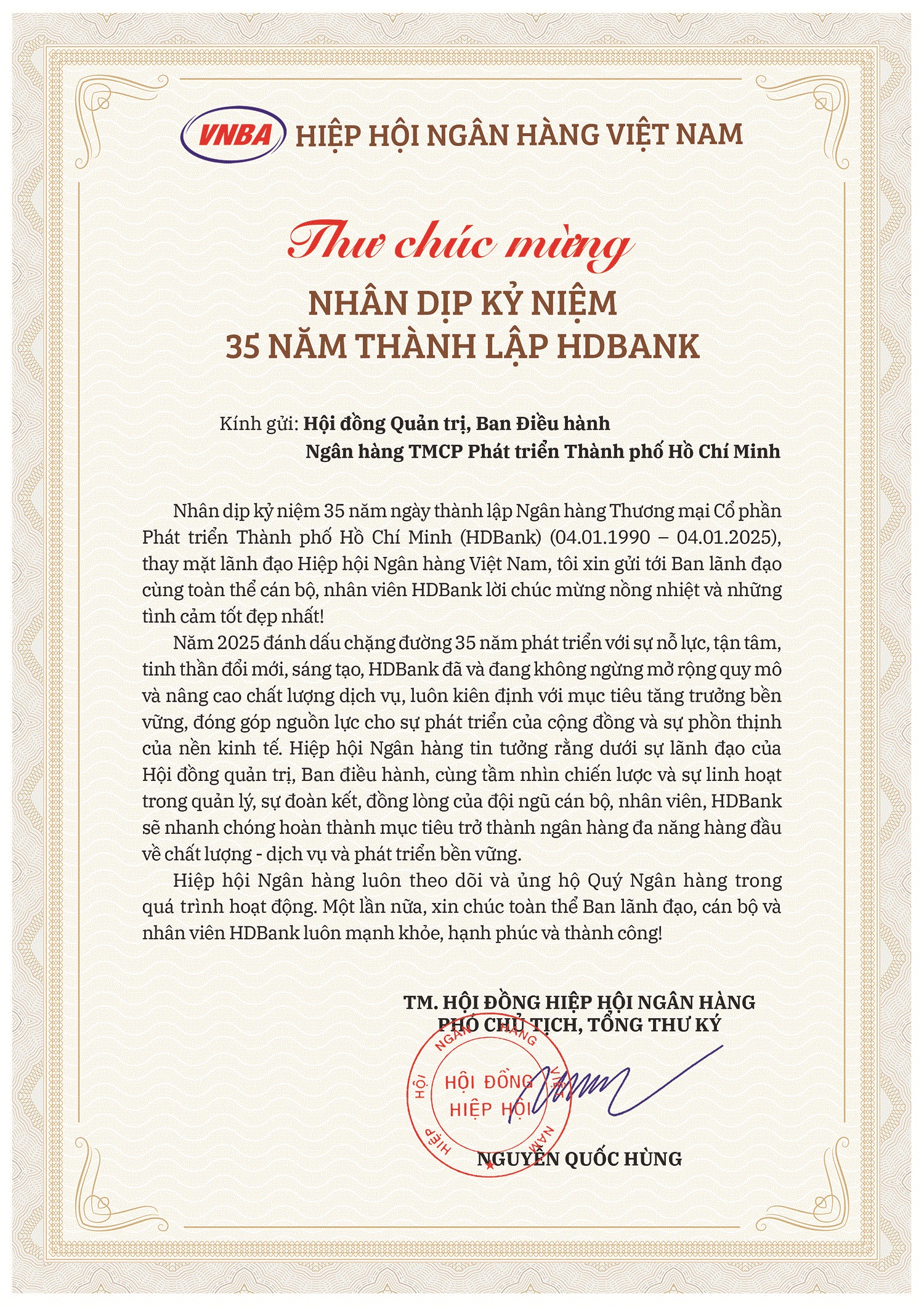 Hiệp hội Ngân hàng Việt Nam chúc mừng HDBank kỷ niệm 35 năm thành lập.