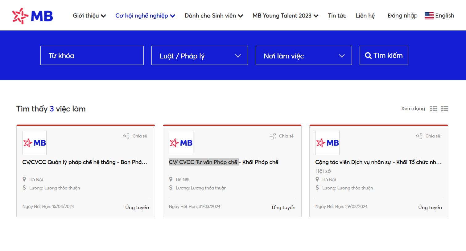 MB Bank tuyển dụng nhân sự Ban pháp chế