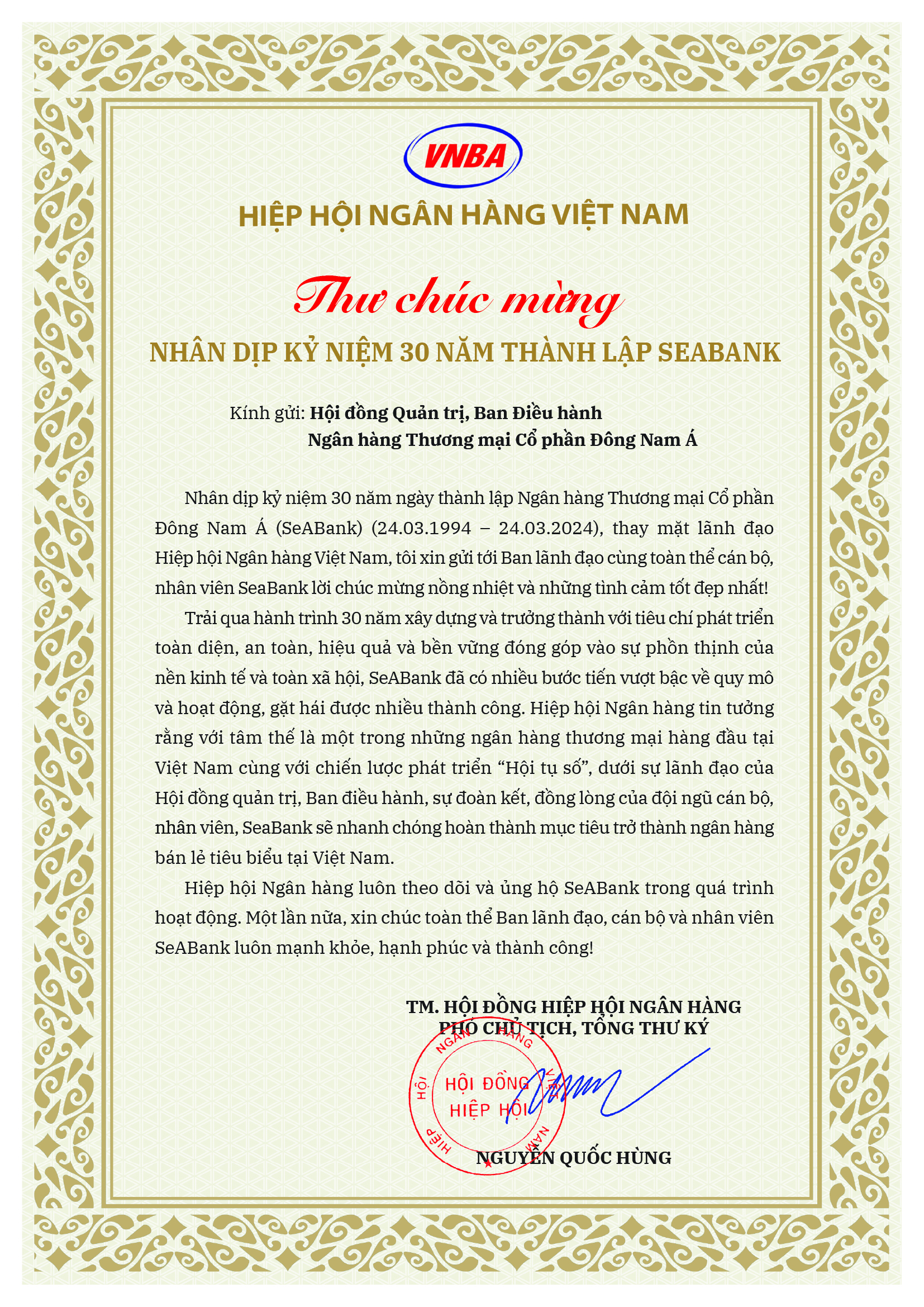 Hiệp hội Ngân hàng Việt Nam chúc mừng SeABank nhân dịp kỷ niệm 30 năm thành lập