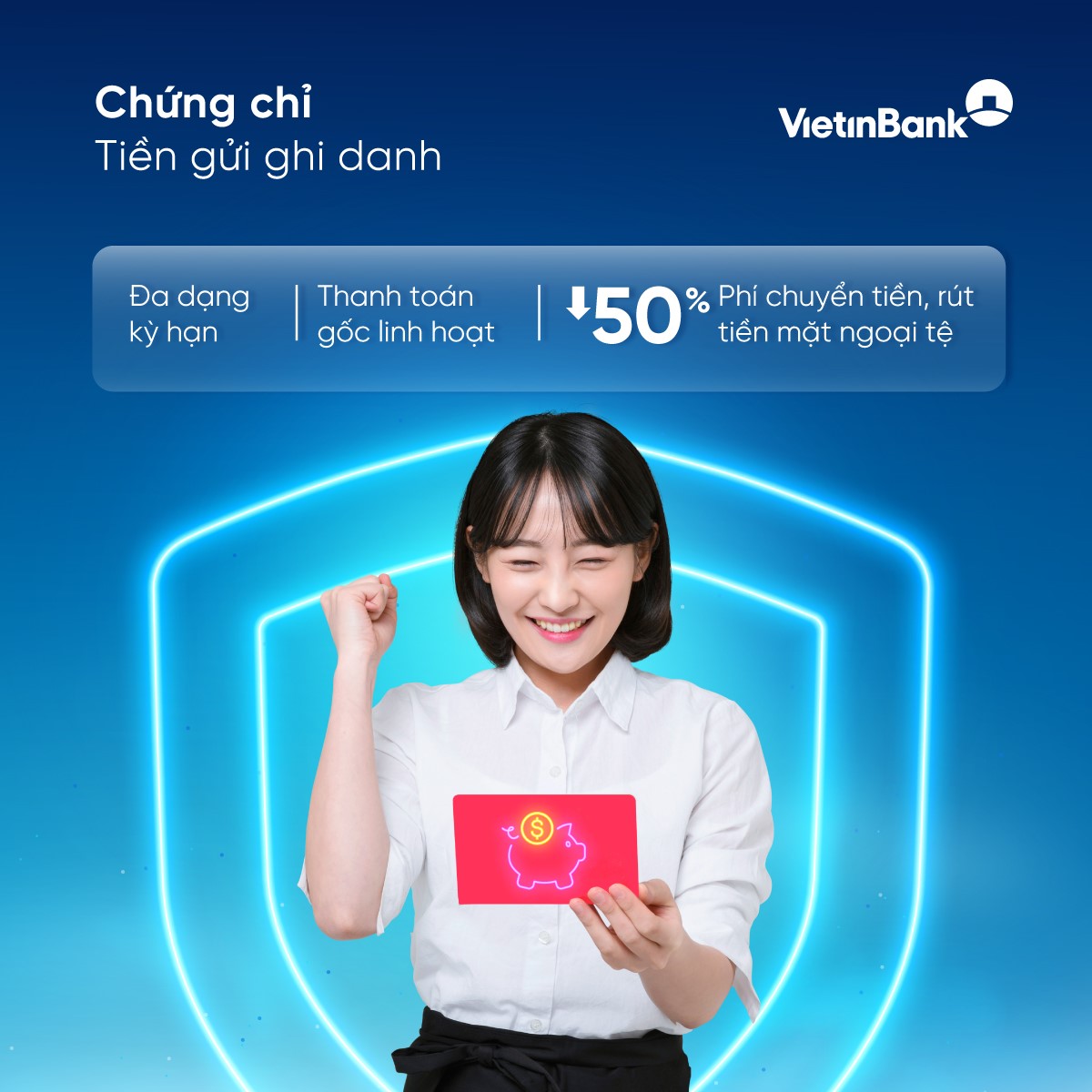 Khách hàng mua chứng chỉ tiền gửi tại VietinBank được giảm 50% phí chuyển tiền ngoại tệ nước ngoài khác hệ thống và phí rút tiền mặt ngoại tệ từ tài khoản ngoại tệ...