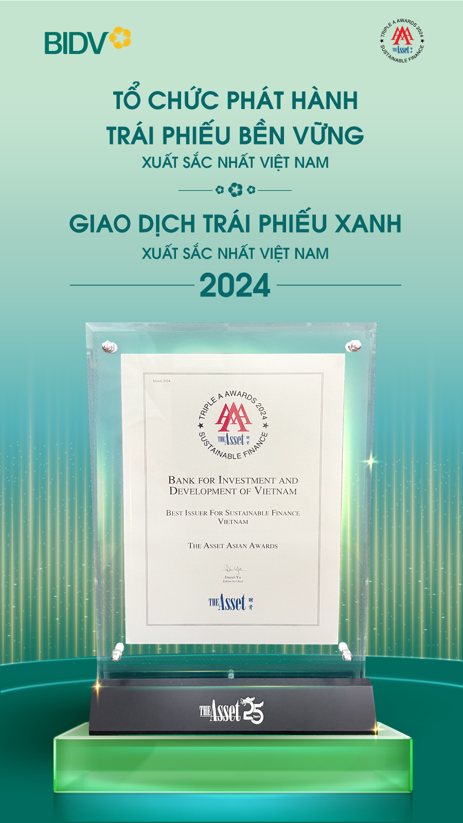 BIDV được The Asset vinh danh với 2 giải thưởng về tài chính bền vững
