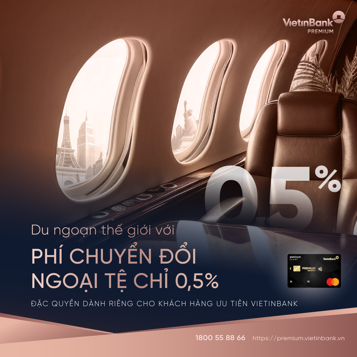 Chủ thẻ tín dụng quốc tế Premium Banking chỉ mất phí chuyển đổi ngoại tệ là 0,5% và phí xử lý giao dịch ngoại tệ là 1% giá trị giao dịch
