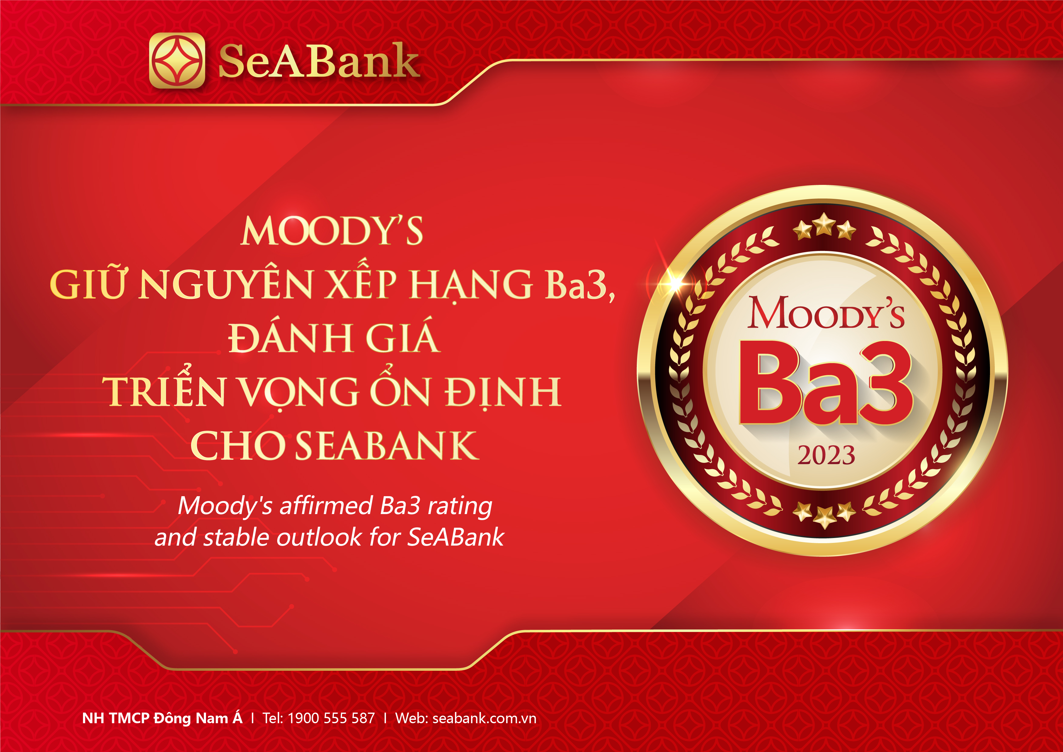 Moody's giữ nguyên xếp hạng tín nhiệm Ba3 và đánh giá triển vọng Ổn định cho SeABank