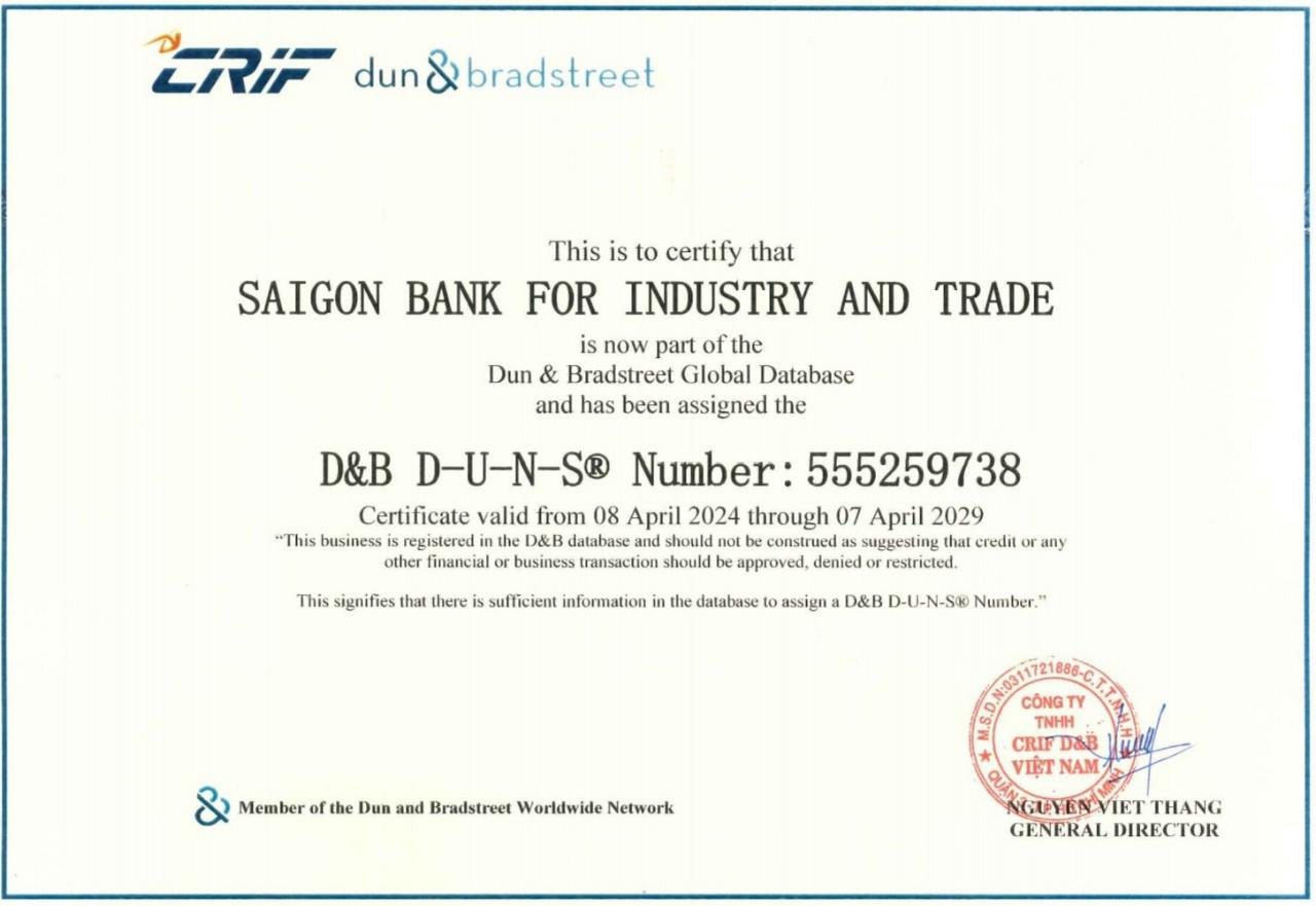 SaiGonBank là thành viên trên hệ thống số hóa dữ liệu quốc tế D-U-N-S®