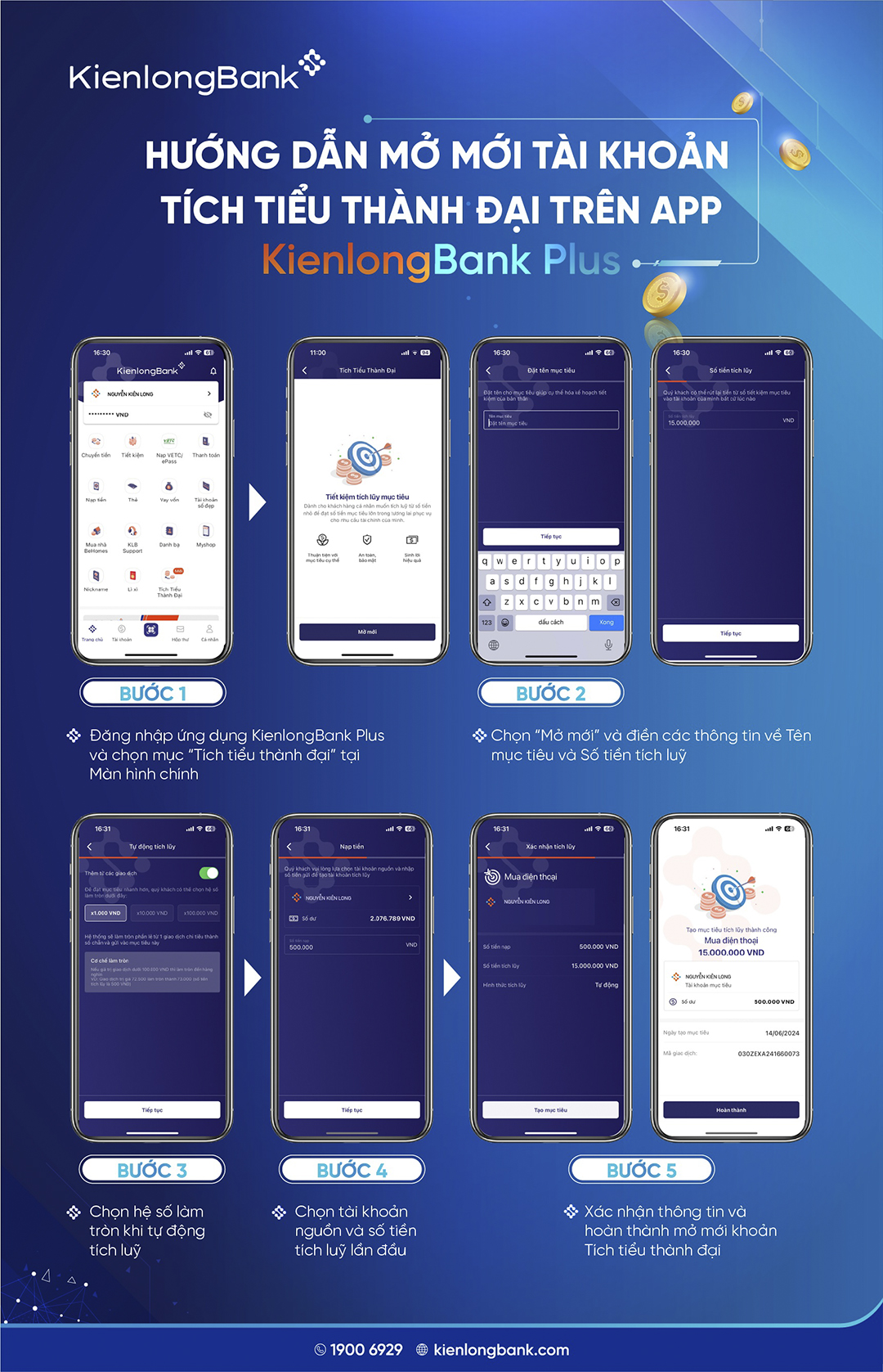 Hướng dẫn mở mới tài khoản Tích tiểu thành đại trên app KienlongBank Plus