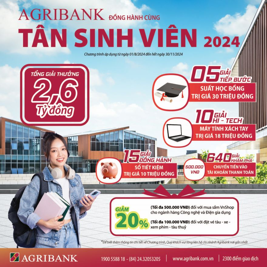 Agribank dành 2,6 tỷ đồng tặng Tân sinh viên 2024