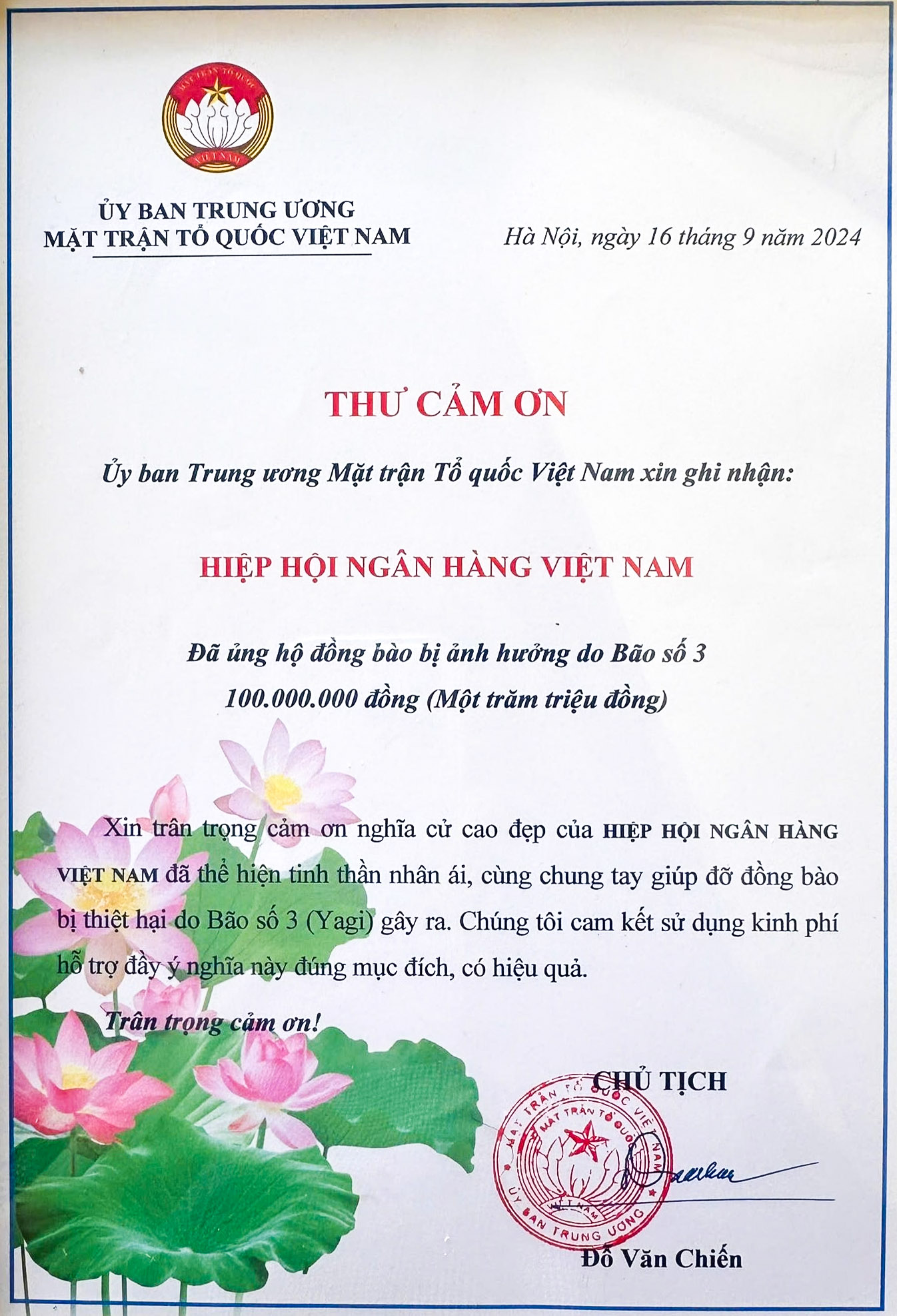 Hiệp hội Ngân hàng Việt Nam hỗ trợ đồng bào thiệt hại do bão số 3