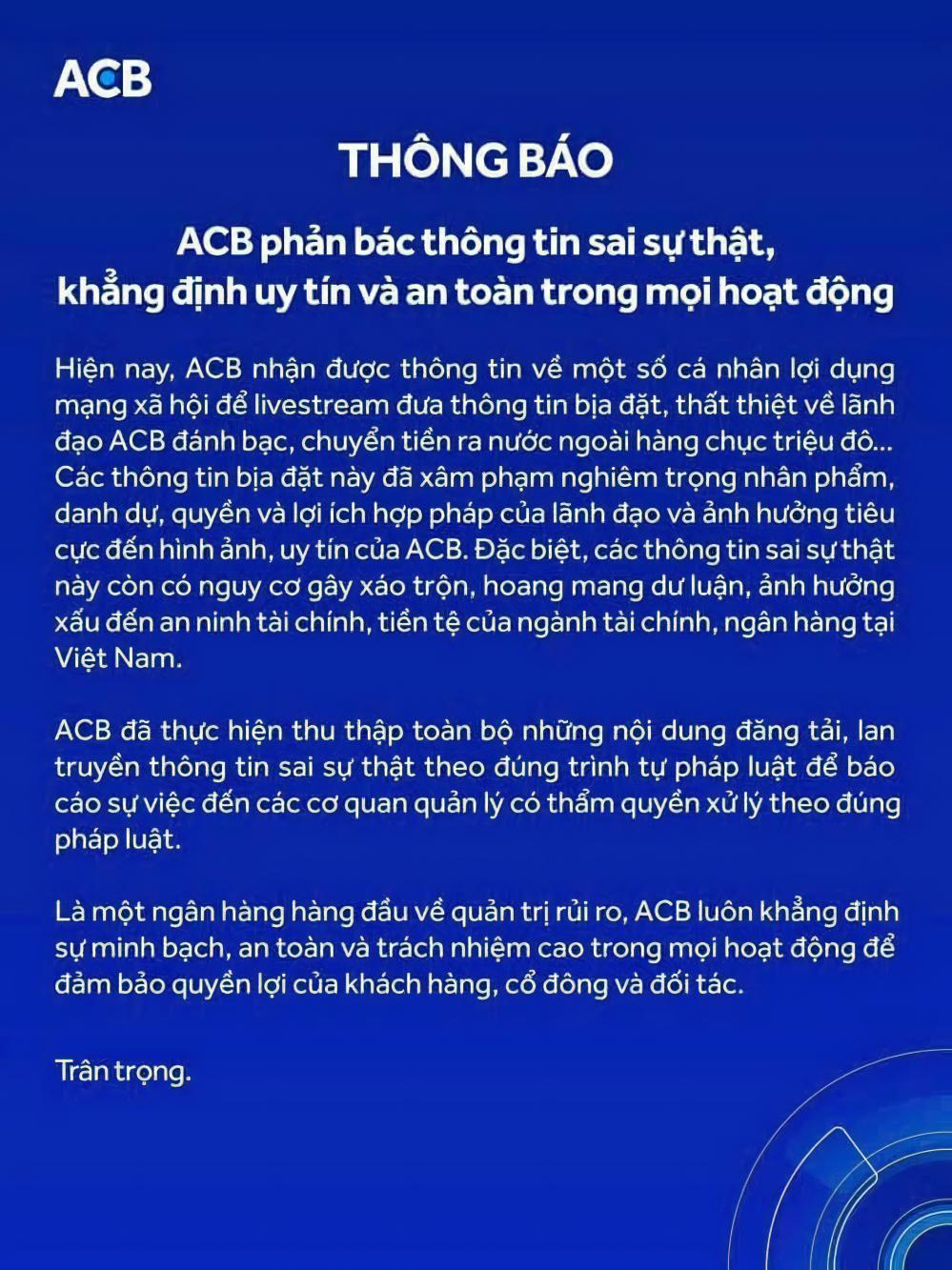 ACB phản bác thông tin sai sự thật về lãnh đạo ngân hàng