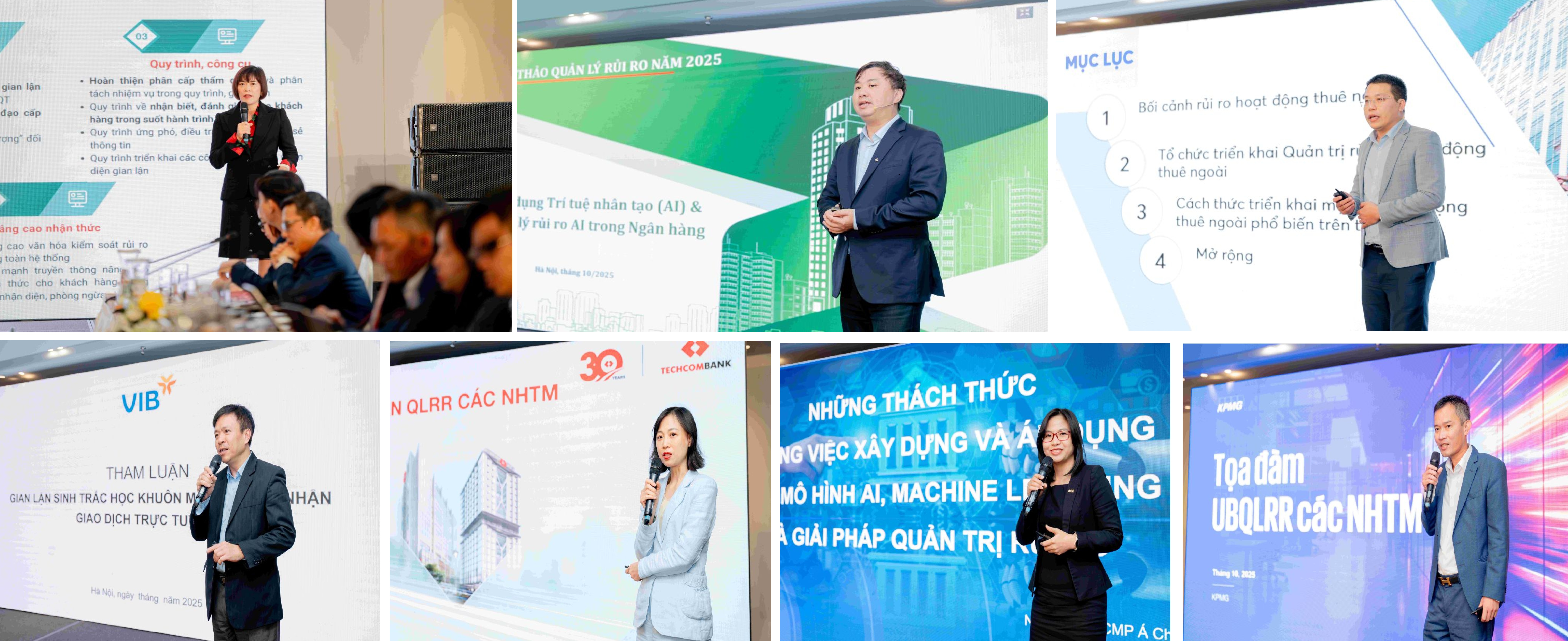 Đại diện các NHTM và KPMG trình bày tham luận quản trị rủi ro trong lĩnh vực công nghệ, phòng chống rủi ro gian lận, nhận diện các loại rủi ro mới nổi