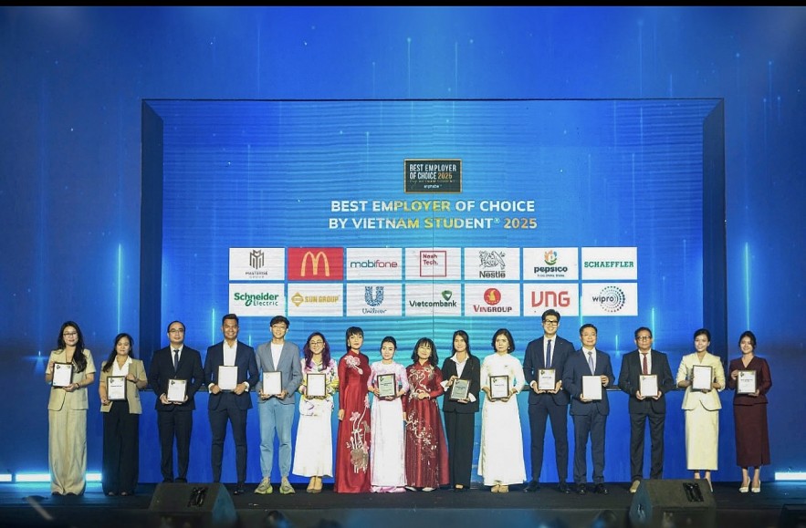 Ông Đặng Bình Nguyên - Trưởng Ban Tổ chức và Nhân sự Vietcombank (thứ 4 từ phải sang) nhận chứngnhận “Thương hiệu nhà tuyển dụng hấp dẫn với sinhviên Việt Nam 2025”.