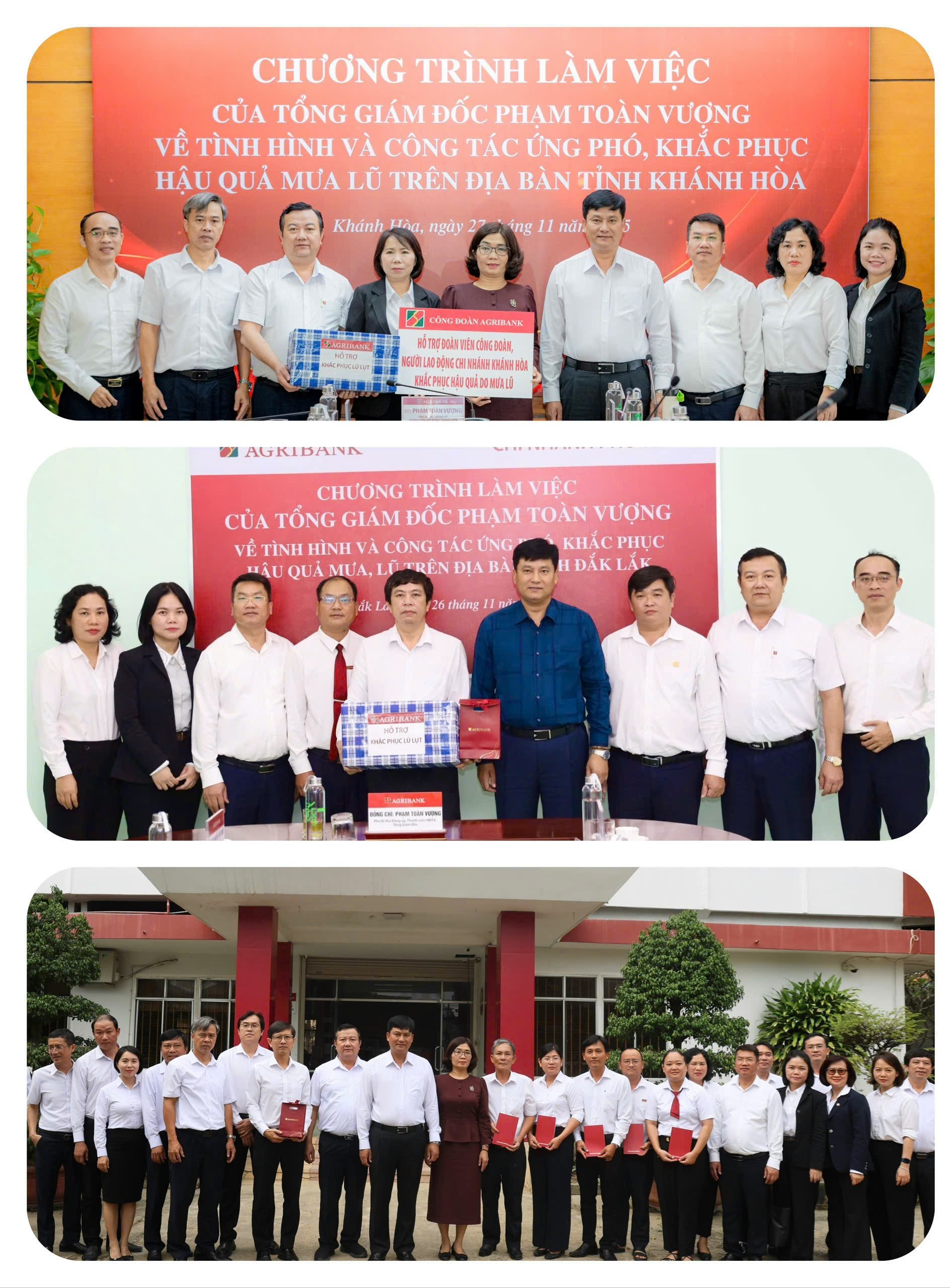 Đ/c Phạm Toàn Vượng - Tổng Giám đốc Agribank và Đ/c Từ Thị Kim Thanh - Chủ tịch Công đoàn Agribank cùng Đoàn công tác trao quà động viên, cán bộ, người lao động CN Phú Yên, Khánh Hòa