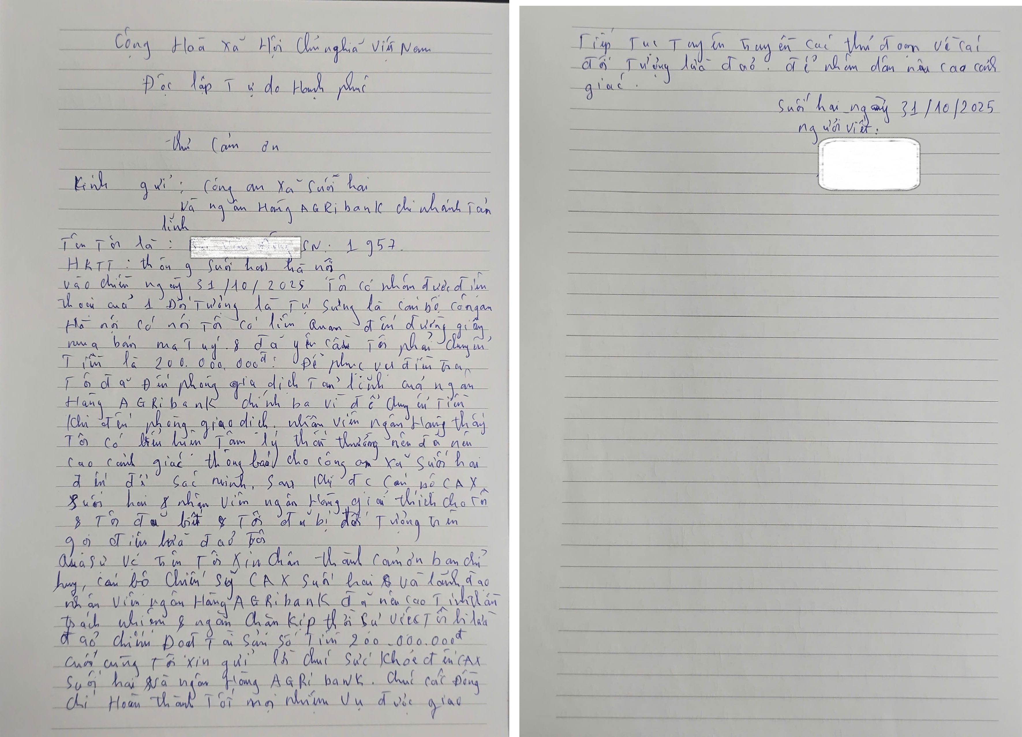 Ông Đ viết thư cảm ơn gửi Công an xã Suối Hai và Agribank Chi nhánh Tản Lĩnh đã giúp ông thoát bẫy lừa đảo