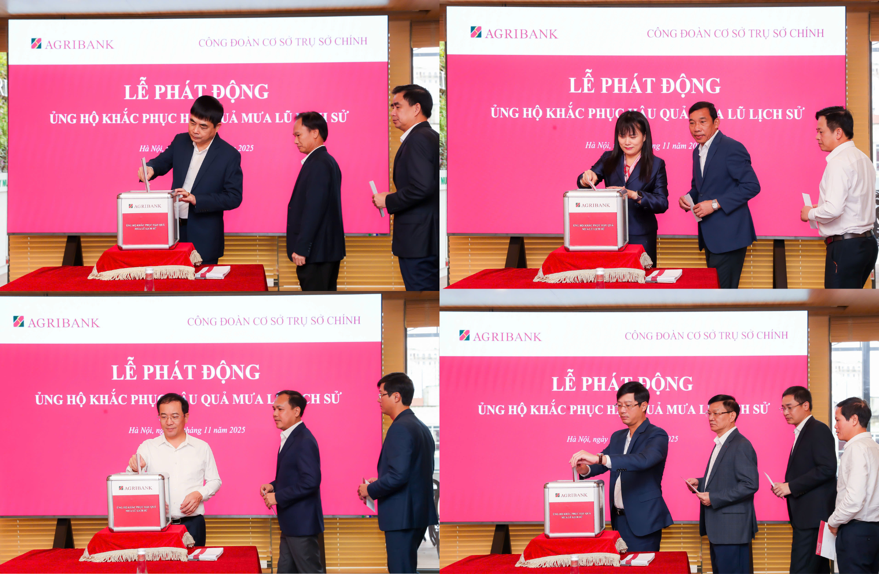 Các đồng chí lãnh đạo Agribank ủng hộ đồng bào bị ảnh hưởng bởi bão lũ tại phiên họp thường kỳ của Hội đồng thành viên Agribank
