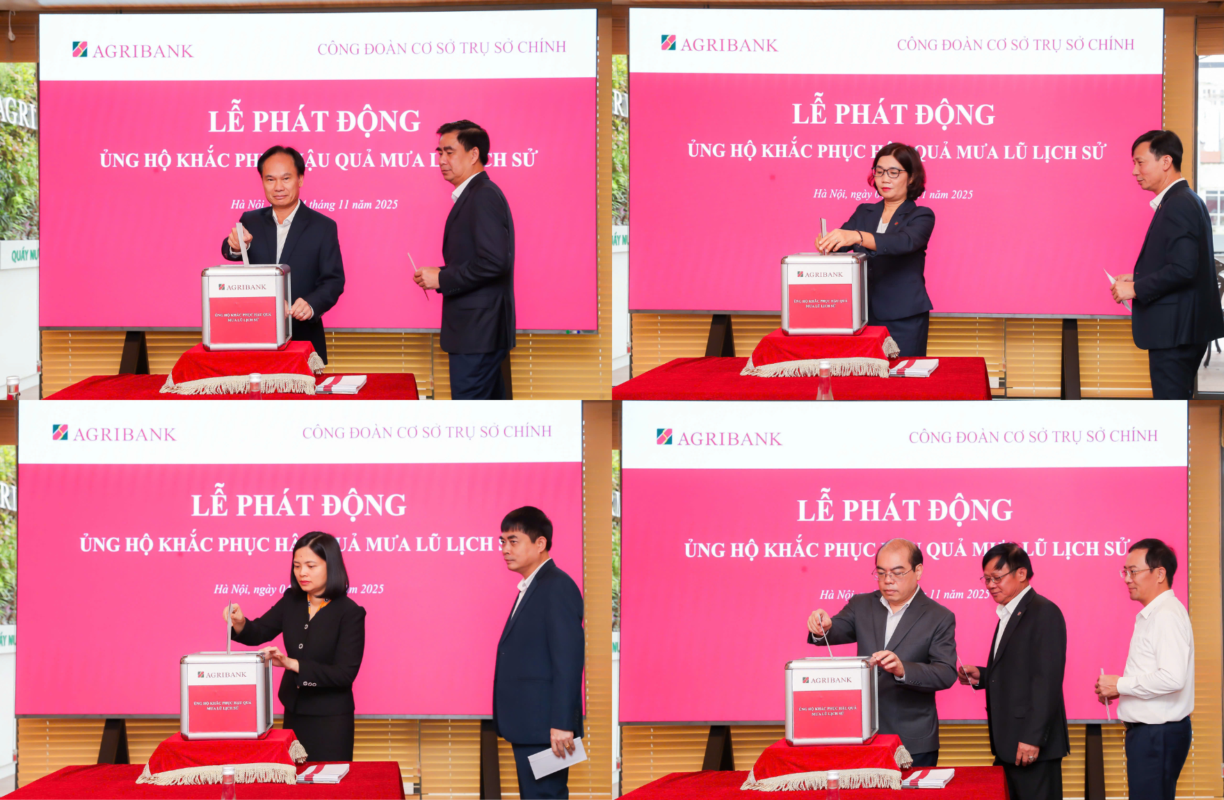 Các đồng chí lãnh đạo Agribank ủng hộ đồng bào bị ảnh hưởng bởi bão lũ tại phiên họp thường kỳ của Hội đồng thành viên Agribank