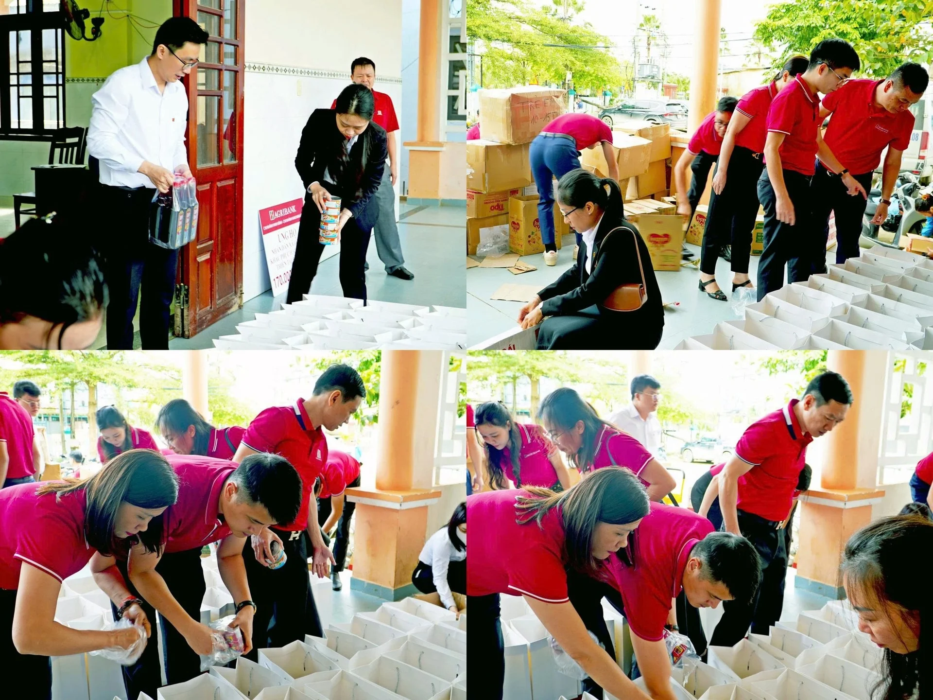 Cán bộ Agribank chuẩn bị những suất quà yêu thương gửi đến tận tay bà con nhân dân vùng lũ. Ảnh: T.H.