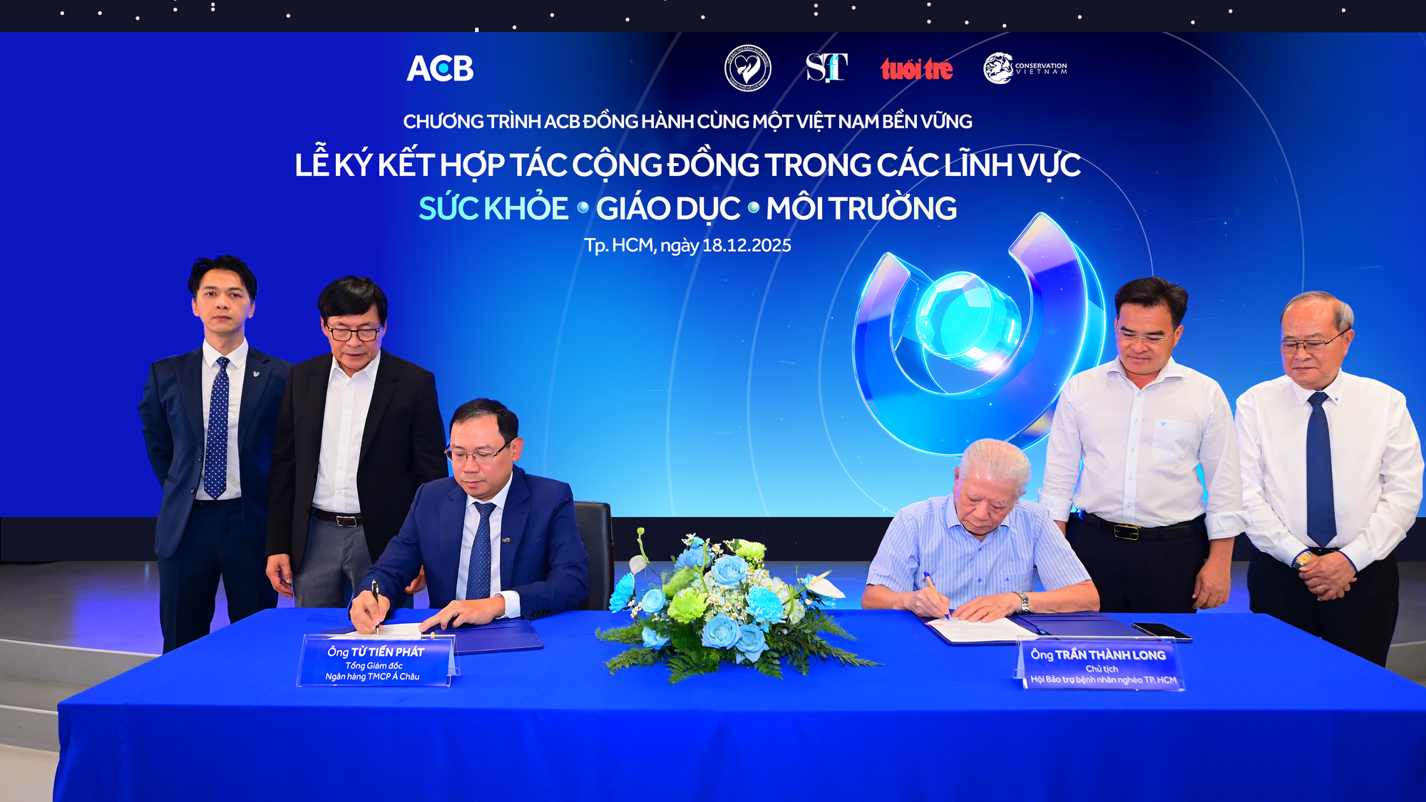 Ông Từ Tiến Phát - Tổng Giám đốc ACB và ông Trần Thành Long - Chủ tịch Hội Bảo trợ Bệnh nhân nghèo TP.HCM đại diện ký kết hợp tác.