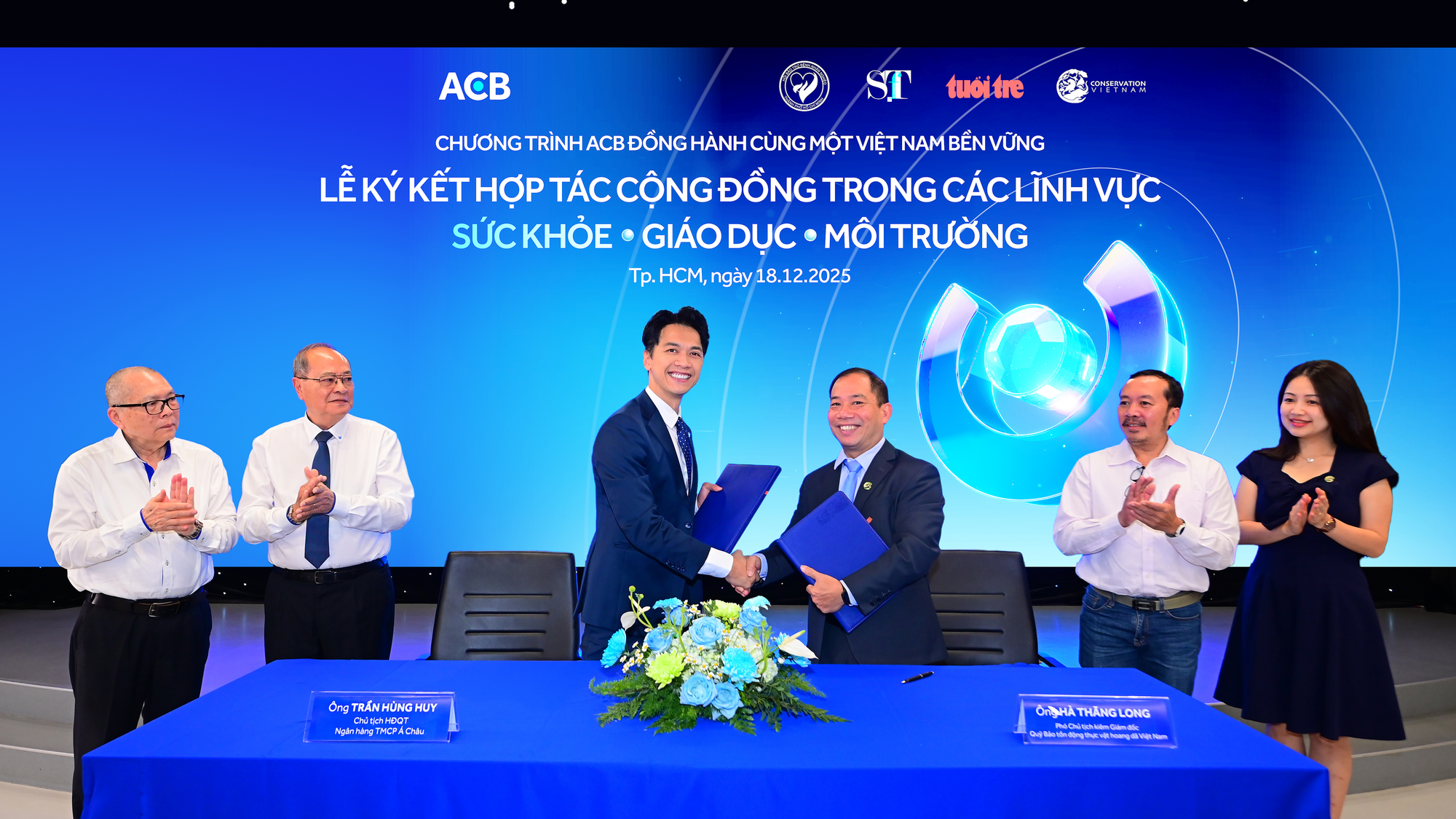 Ông Trần Hùng Huy - Chủ tịch HĐQT ACB và ông Hà Thăng Long - Phó chủ tịch kiêm Giám đốc Quỹ bảo tồn động thực vật hoang dã Việt Nam đại diện ký kết hợp tác
