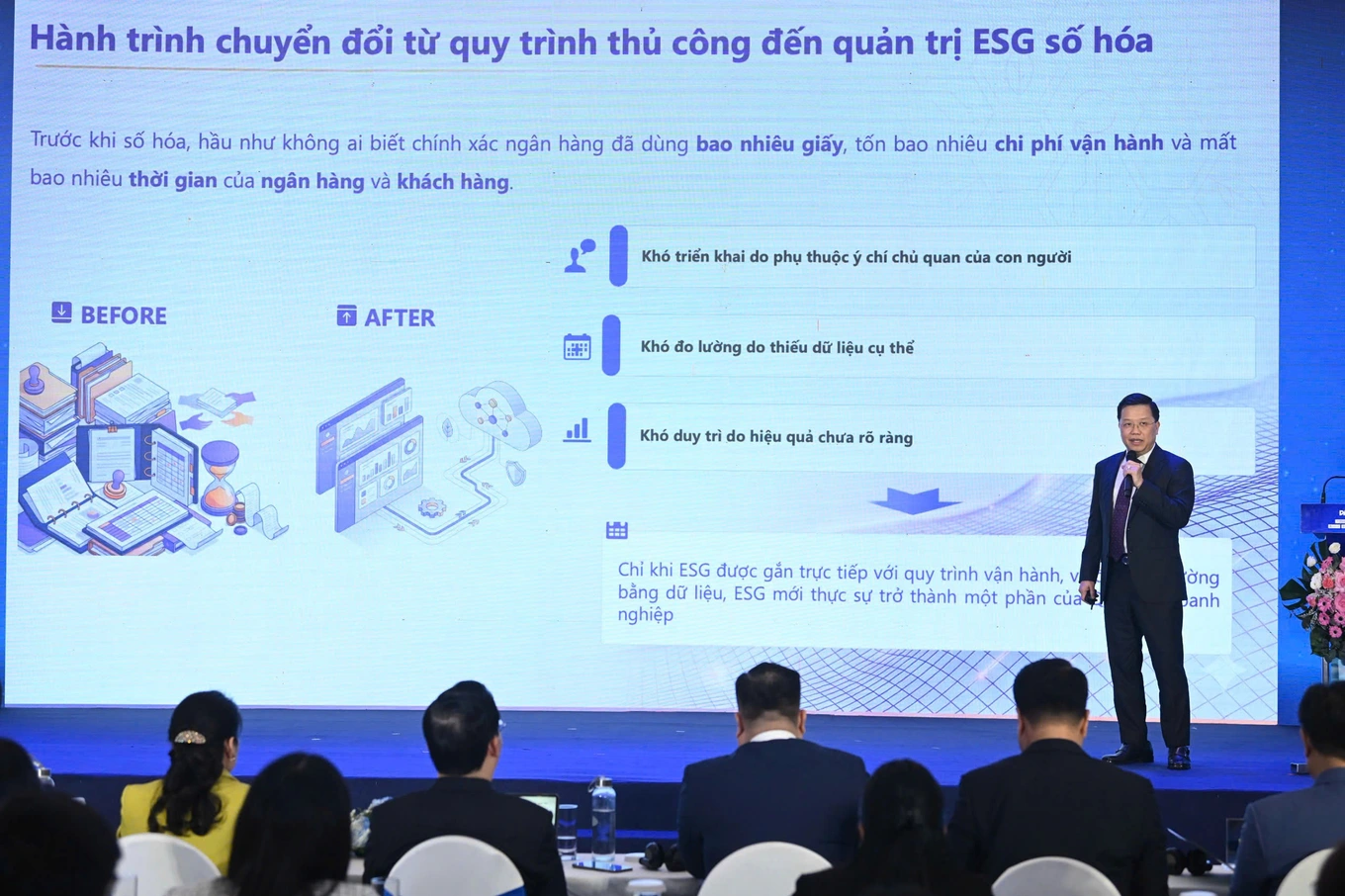 Tổng giám đốc TPBank chia sẻ hành trình chuyển đổi từ quy trình thủ công đến quản trị ESG số hóa (Ảnh: Mạnh Quân).