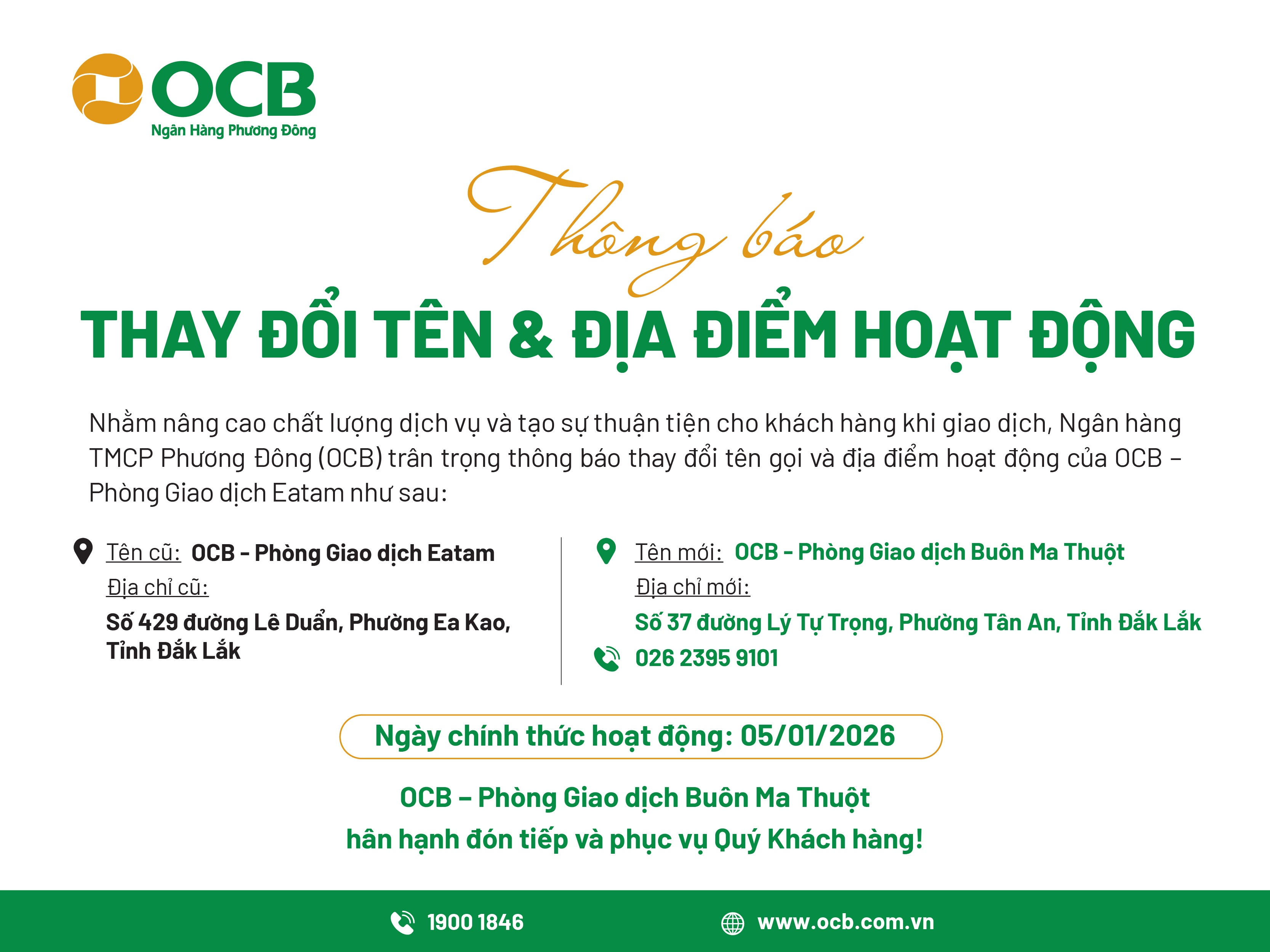Thông báo lần 2: OCB thay đổi tên và địa điểm hoạt động Phòng Giao dịch Eatam (Đắk Lắk)