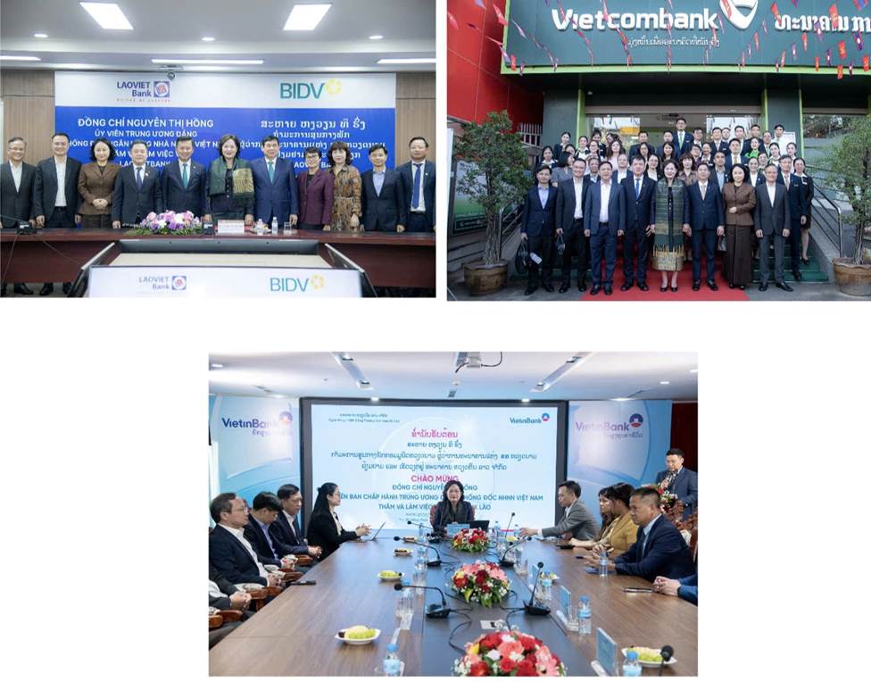 Thống đốc và đoàn NHNN Việt Nam đến thăm và làm việc với cán bộ Ngân hàng LaoVietBank, Ngân hàng VCB Lào và Ngân hàng Vietinbank Lào