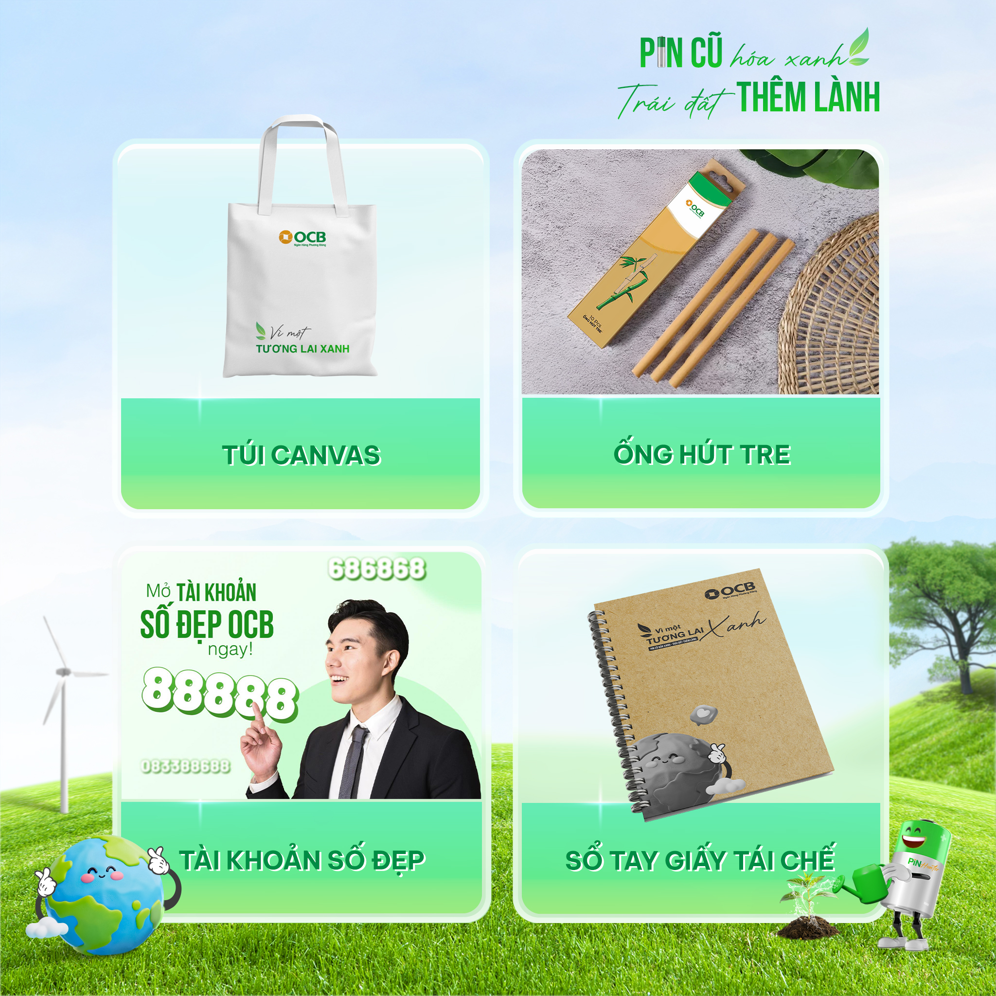 Hình ảnh 15 cục pin cũ được quy đổi thành 1 phần quà “Xanh”, gồm: túi canvas; tài khoản số đẹp giá trị đến 50 triệu đồng; sổ tay giấy tái chế hoặc ống hút tre