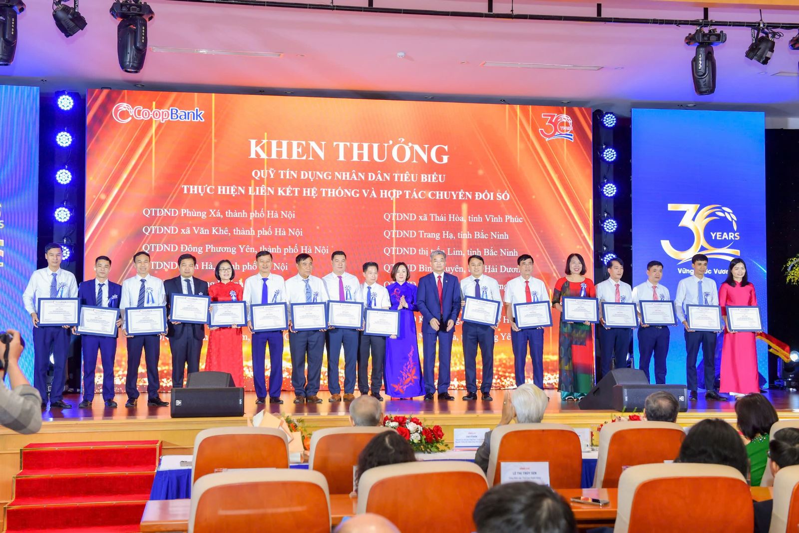 Đồng chí Nguyễn Quốc Cường - Chủ tịch HĐQT Co-opBank, đồng chí Phạm Thị Hồng Minh - Tổng giám đốc Co-opBank trao vinh danh các QTDND thành viên thực hiện tốt mối liên kết hệ thống và hợp tác chuyển đổi số tại buổi lễ kỷ niệm 30 năm thành lập Co-opBank