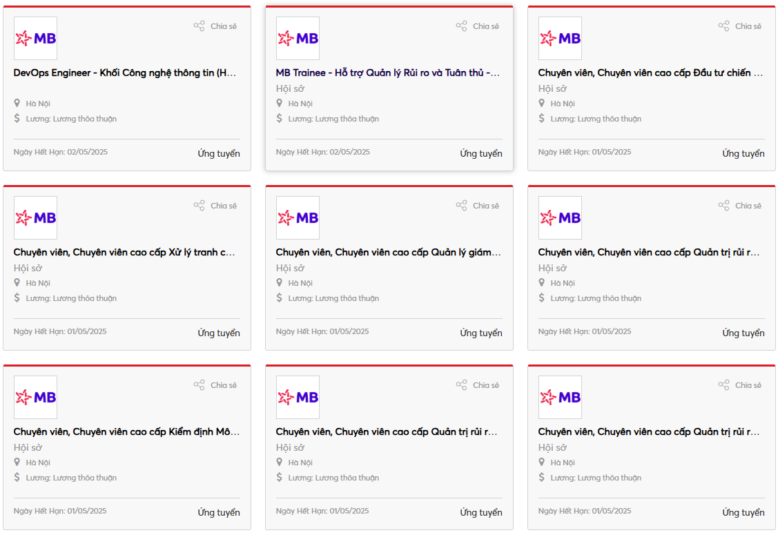 MBBank tuyển dụng nhiều vị trí làm việc tại Hà Nội