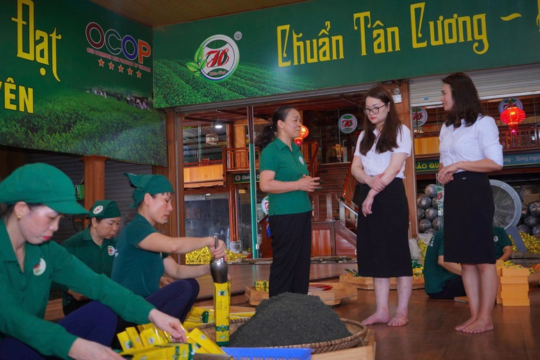 Giám đốc Hợp tác xã chè Hảo Đạt, bà Đào Thanh Hảo trao đổi cùng các cán bộ ngân hàng Agribank chi nhánh Nam Thái Nguyên