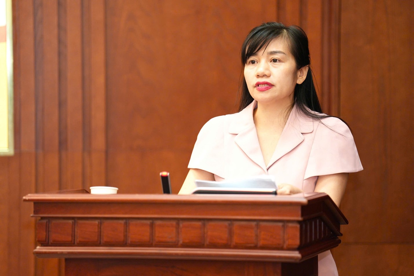Bà Trần Kim Anh, Phó Vụ trưởng Vụ Kinh tế tổng hợp Ban Chính sách, Chiến lược Trung ương phát biểu tại Hội thảo