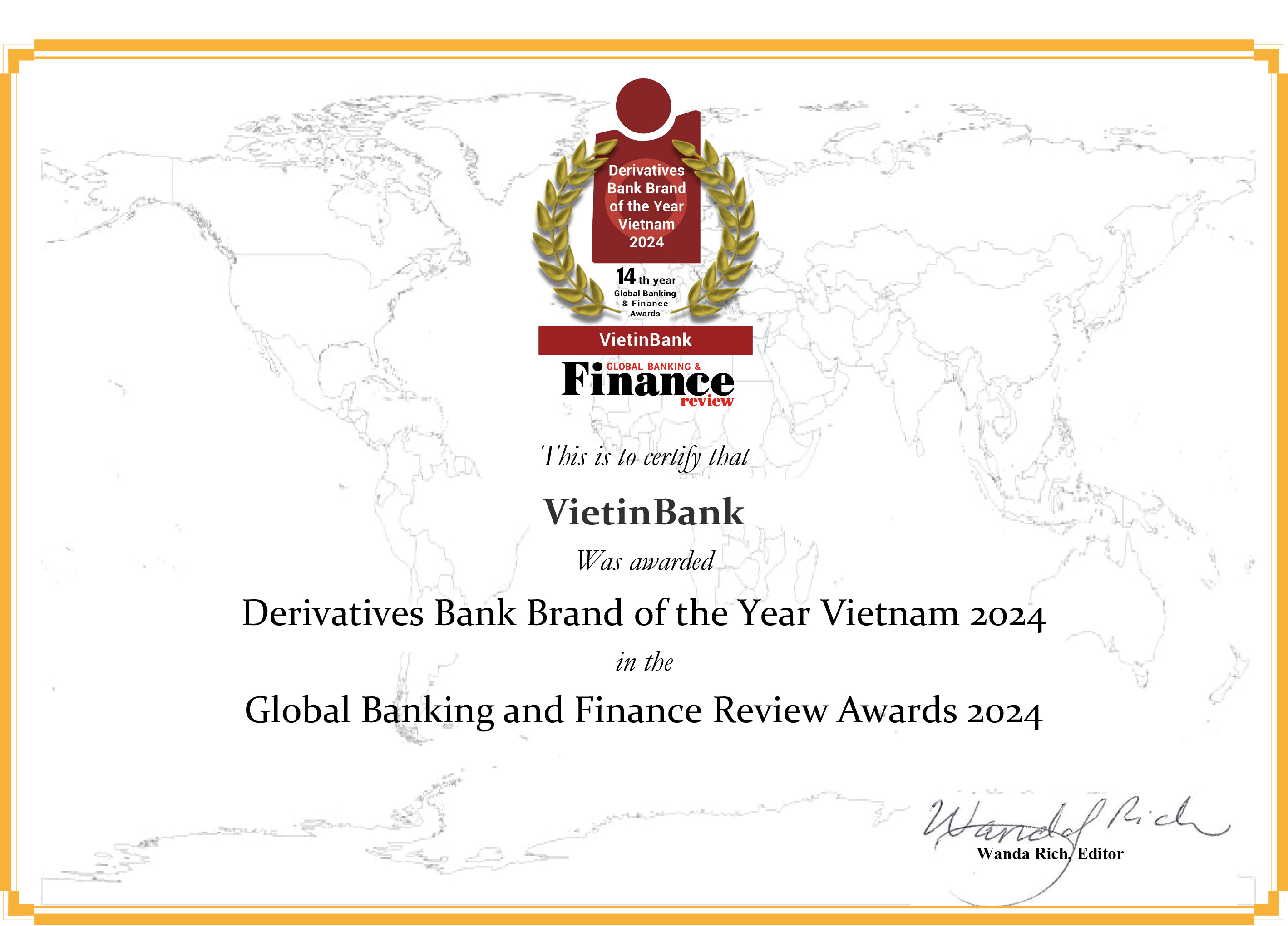 Global Banking & Finance Review vinh danh VietinBank hạng mục “Ngân hàng cung ứng sản phẩm phái sinh tốt nhất Việt Nam năm 2024”
