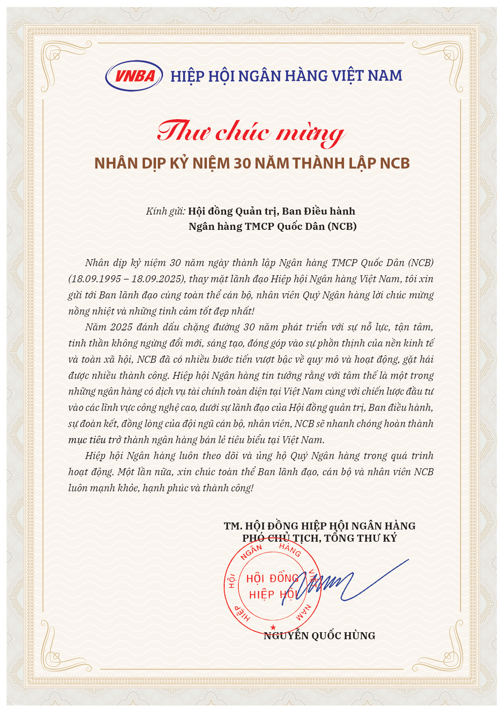 Hiệp hội Ngân hàng Việt Nam chúc mừng NCB nhân dịp kỷ niệm 30 năm thành lập