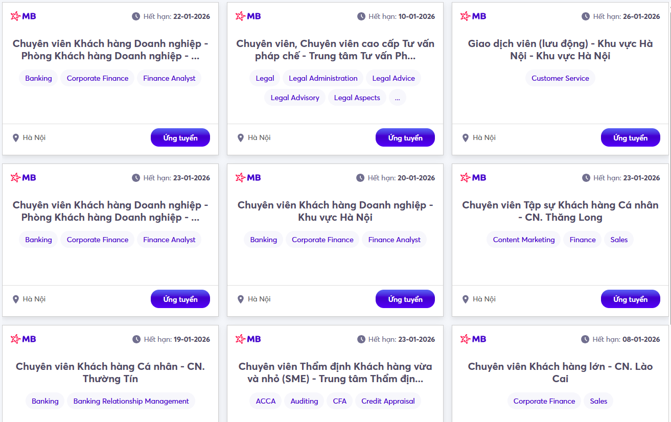 MB tuyển dụng nhiều vị trí cho năm 2026