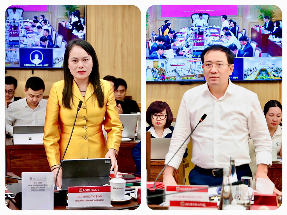 Phó Tổng Giám đốc Phùng Thị Bình và Phó Tổng Giám đốc Đoàn Ngọc Lưu phát biểu ý kiến tại Hội nghị