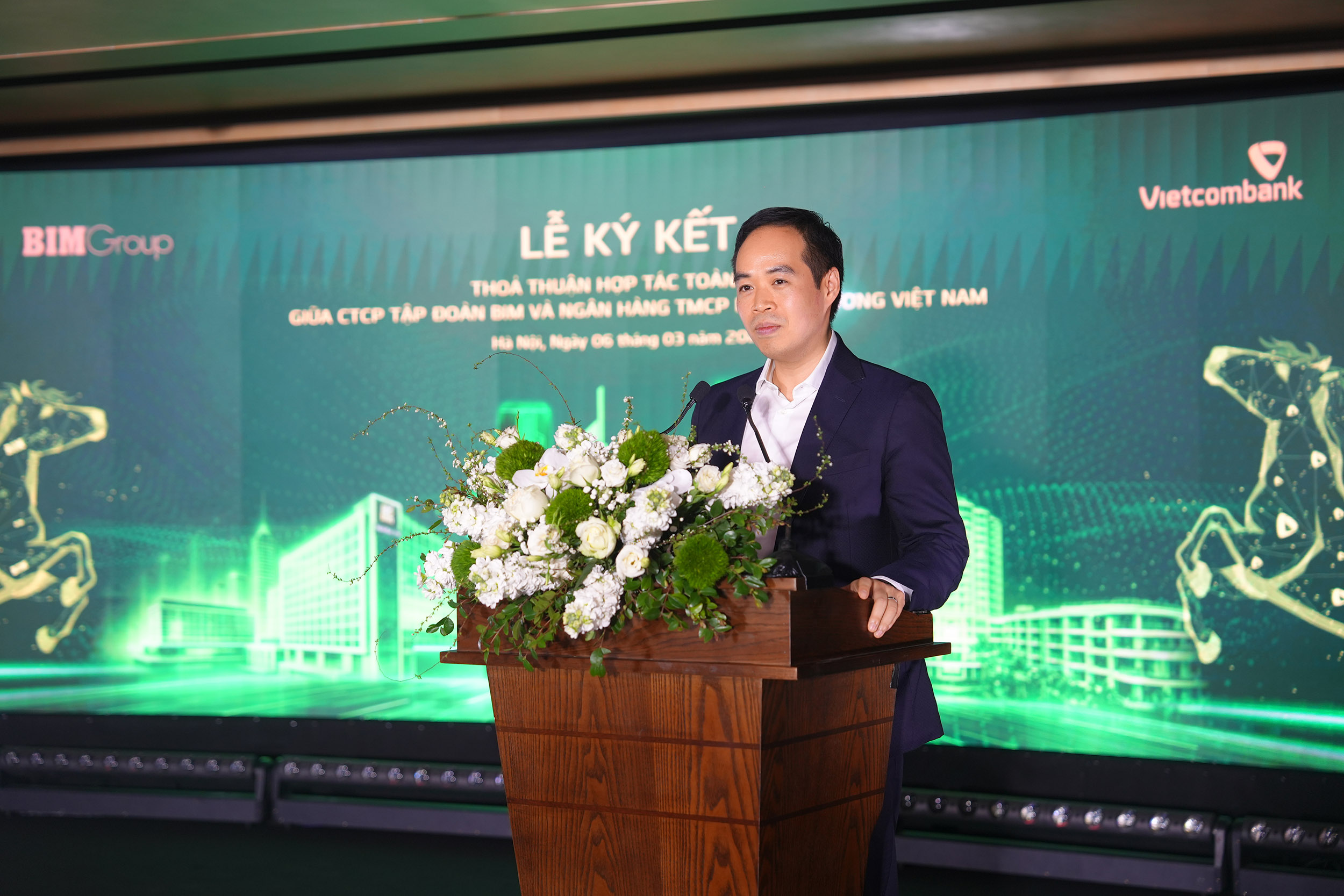 Ông Đoàn Quốc Huy, Chủ tịch HĐQT kiêm Tổng Giám đốc Tập đoàn BIM phát biểu tại Lễ ký kết thỏa thuận hợp tác