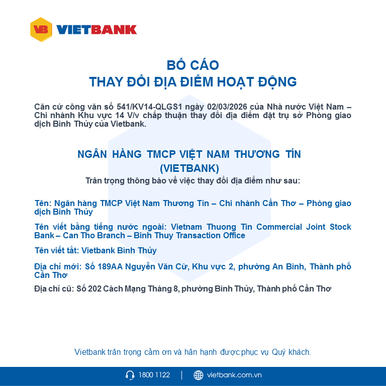 Vietbank bố cáo thay đổi địa điểm hoạt động PGD Bình Thuỷ
