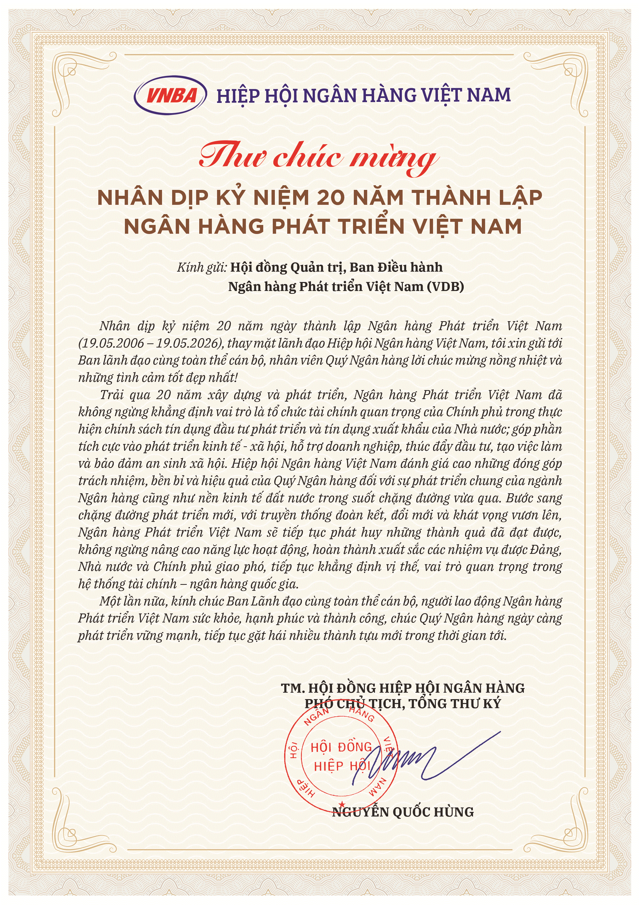 Hiệp hội Ngân hàng Việt Nam chúc mừng VDB nhân dịp kỷ niệm 20 năm thành lập