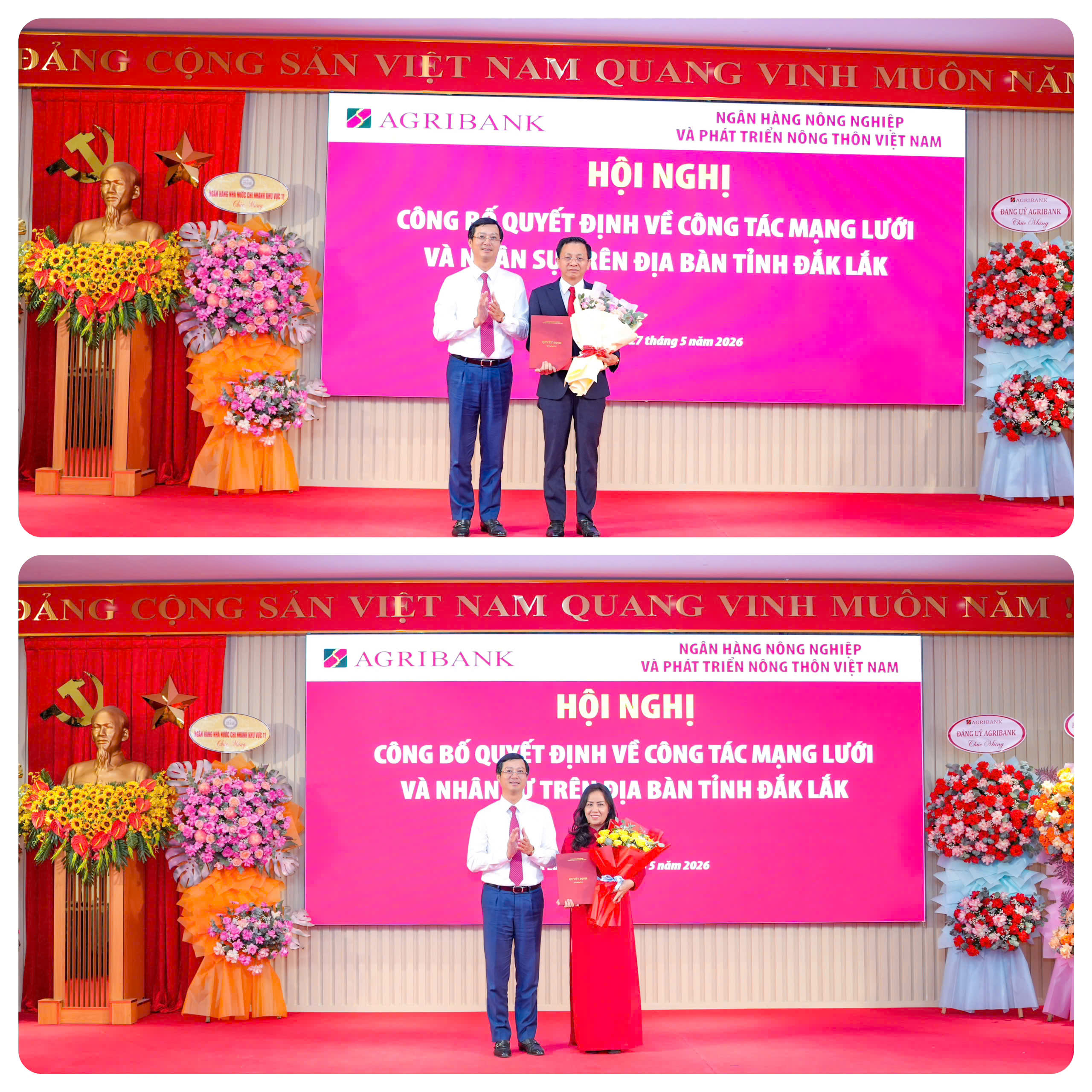 Đ/c Đỗ Đức Thành Uỷ viên BCH Đảng bộ, Phó Tổng Giám đốc Agribank trao Quyết định mạng lưới cho Chi nhánh Đắk Lắk và Bắc Đắk Lắk