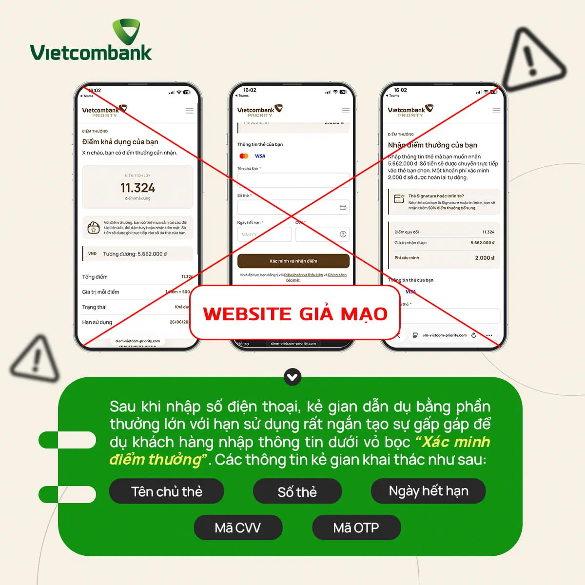 Cảnh báo thủ đoạn lừa đảo giả mạo tin nhắn SMS của Vietcombank thông báo điểm thưởng hết hạn. Ảnh: Hồng Nhung