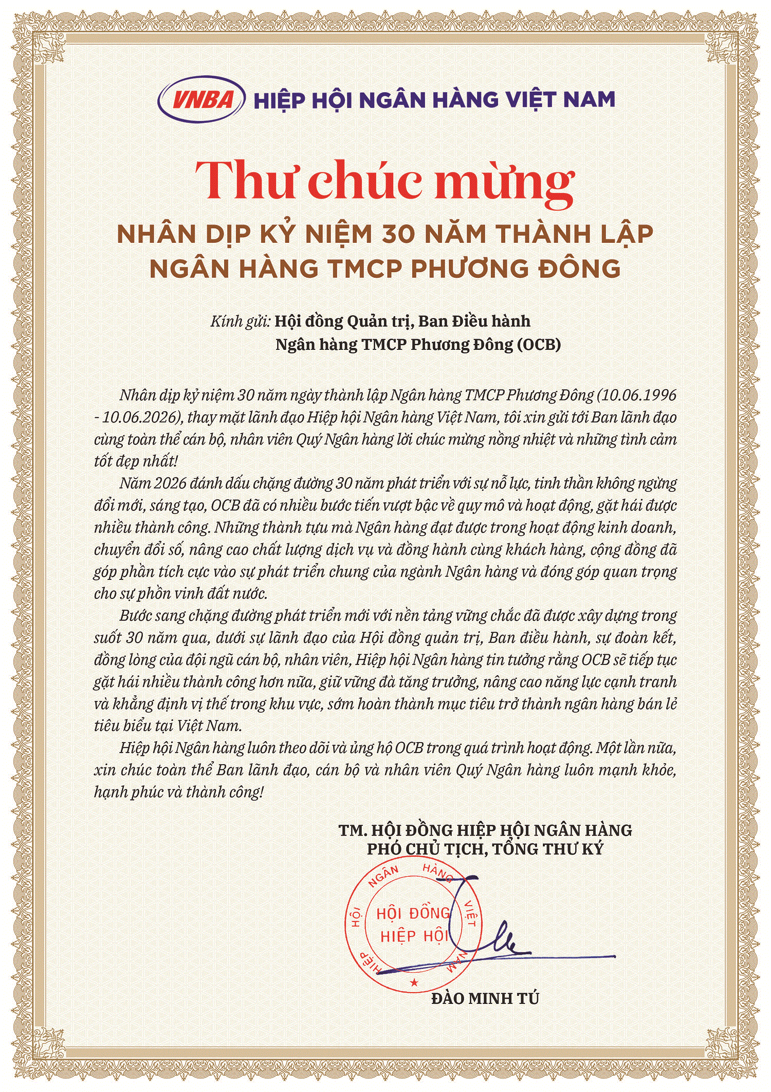 Hiệp hội Ngân hàng Việt Nam chúc mừng OCB nhân dịp kỷ niệm 30 năm thành lập