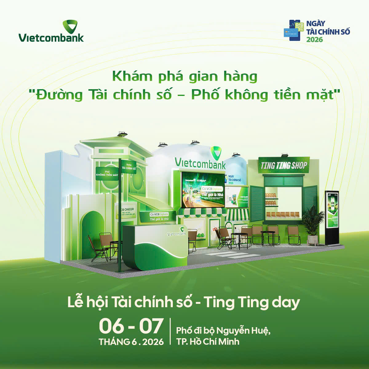 Vietcombank mang tới không gian trải nghiệm “Đường tài chính số - Phố không tiền mặt” tại phố đi bộ Nguyễn Huệ trong khuôn khổ các hoạt động hưởng ứng Ngày tài chính số 2026.