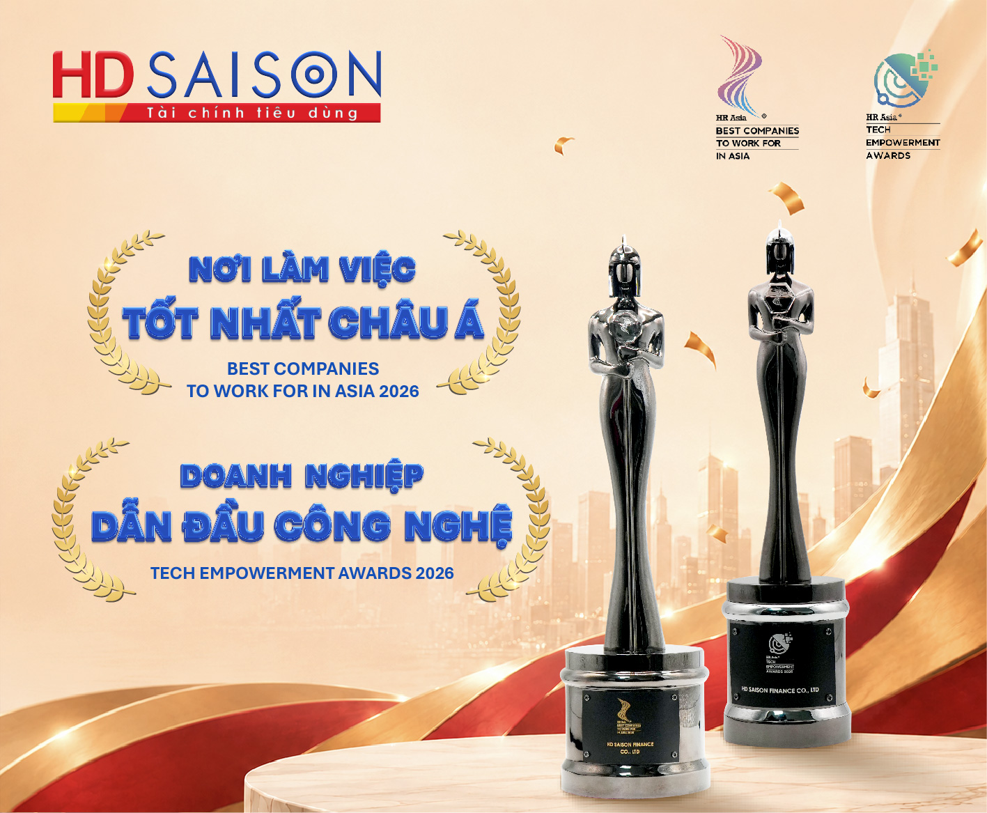 Cú đúp giải thưởng tại HR Asia Awards 2026 là sự ghi nhận cho những thành tựu của HD SAISON trong việc đưa công nghệ thành nền tảng nâng cao năng lực đội ngũ và thúc đẩy tăng trưởng bền vững. (Ảnh: HD SAISON)