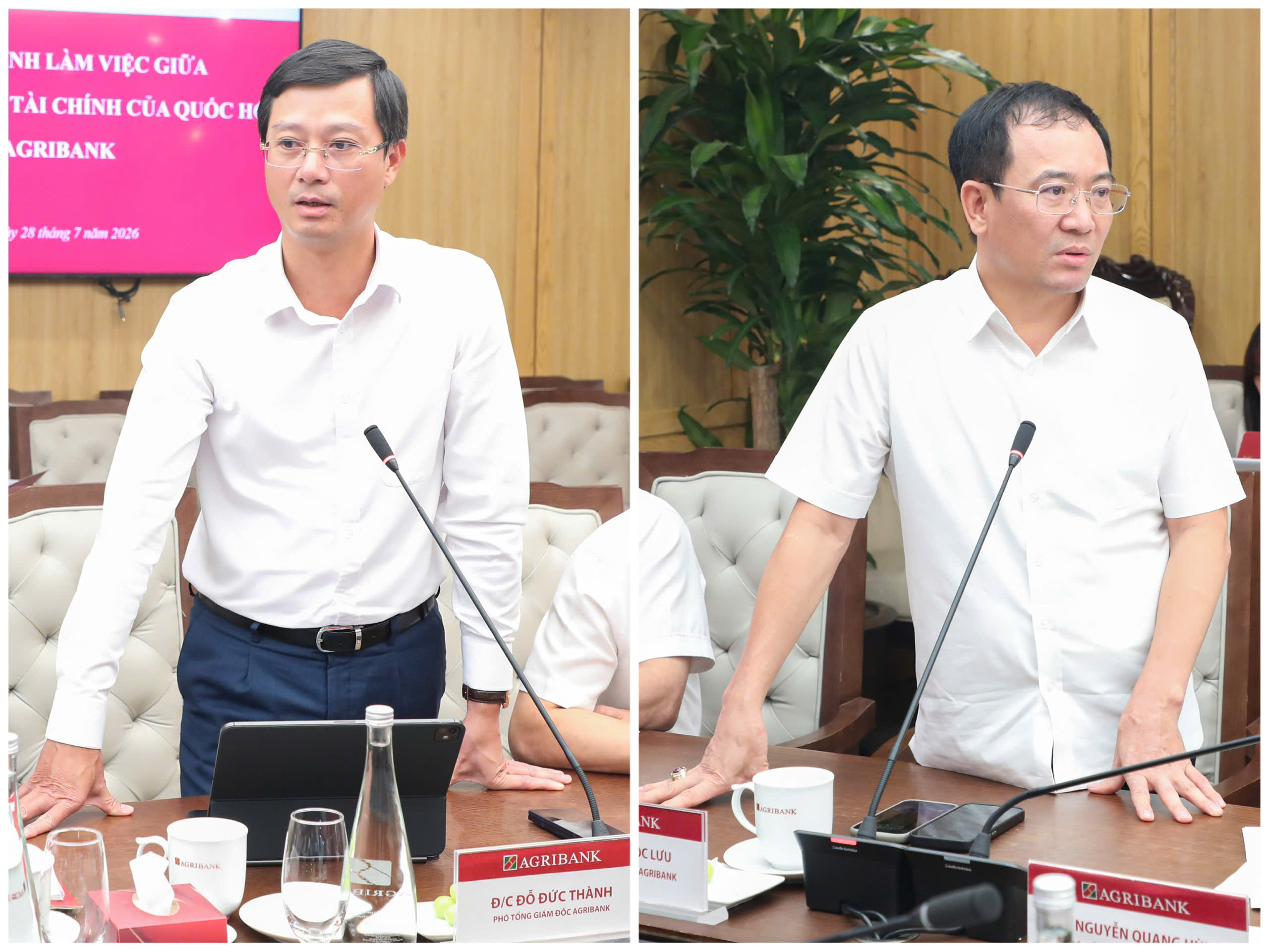 Đại diện Agribank, Phó Tổng Giám đốc Đỗ Đức Thành (bên trái) và Phó Tổng Giám đốc Đoàn Ngọc Lưu (bên phải) phát biểu tại buổi làm việc