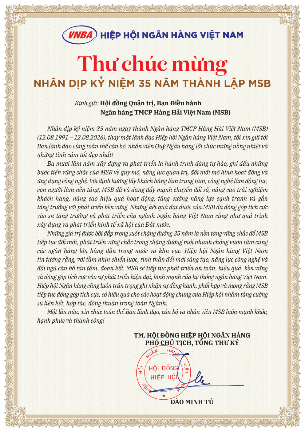 Hiệp hội Ngân hàng Việt Nam chúc mừng MSB nhân dịp kỷ niệm 35 năm thành lập