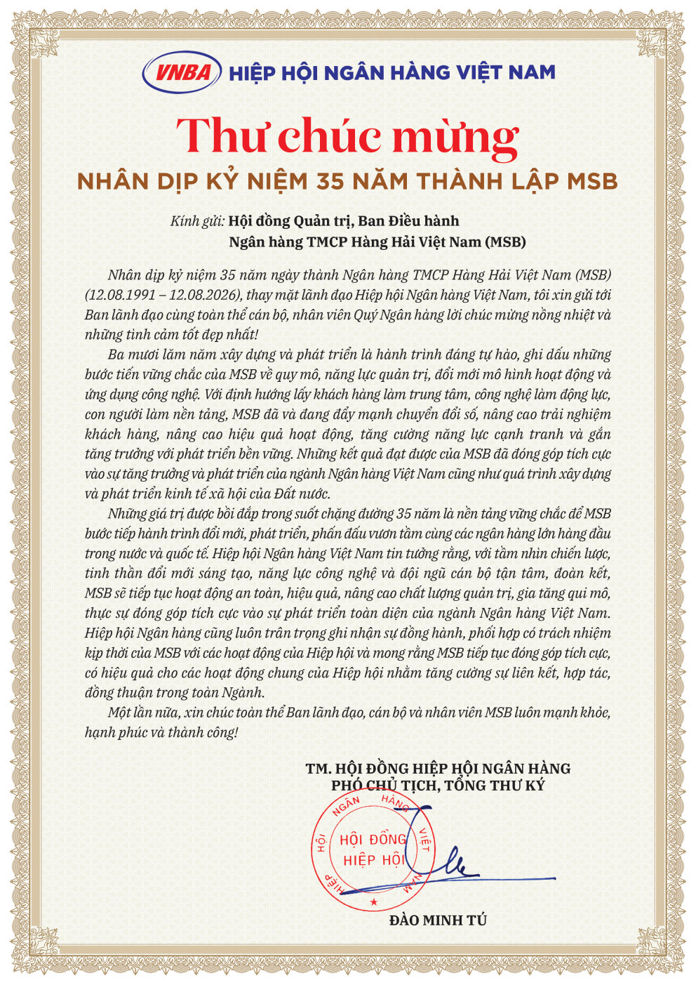 Hiệp hội Ngân hàng Việt Nam chúc mừng MSB nhân dịp kỷ niệm 35 năm thành lập