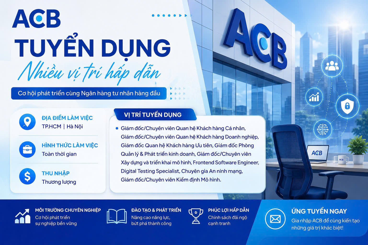 ACB tuyển dụng nhiều vị trí tại Hà Nội và TP.HCM