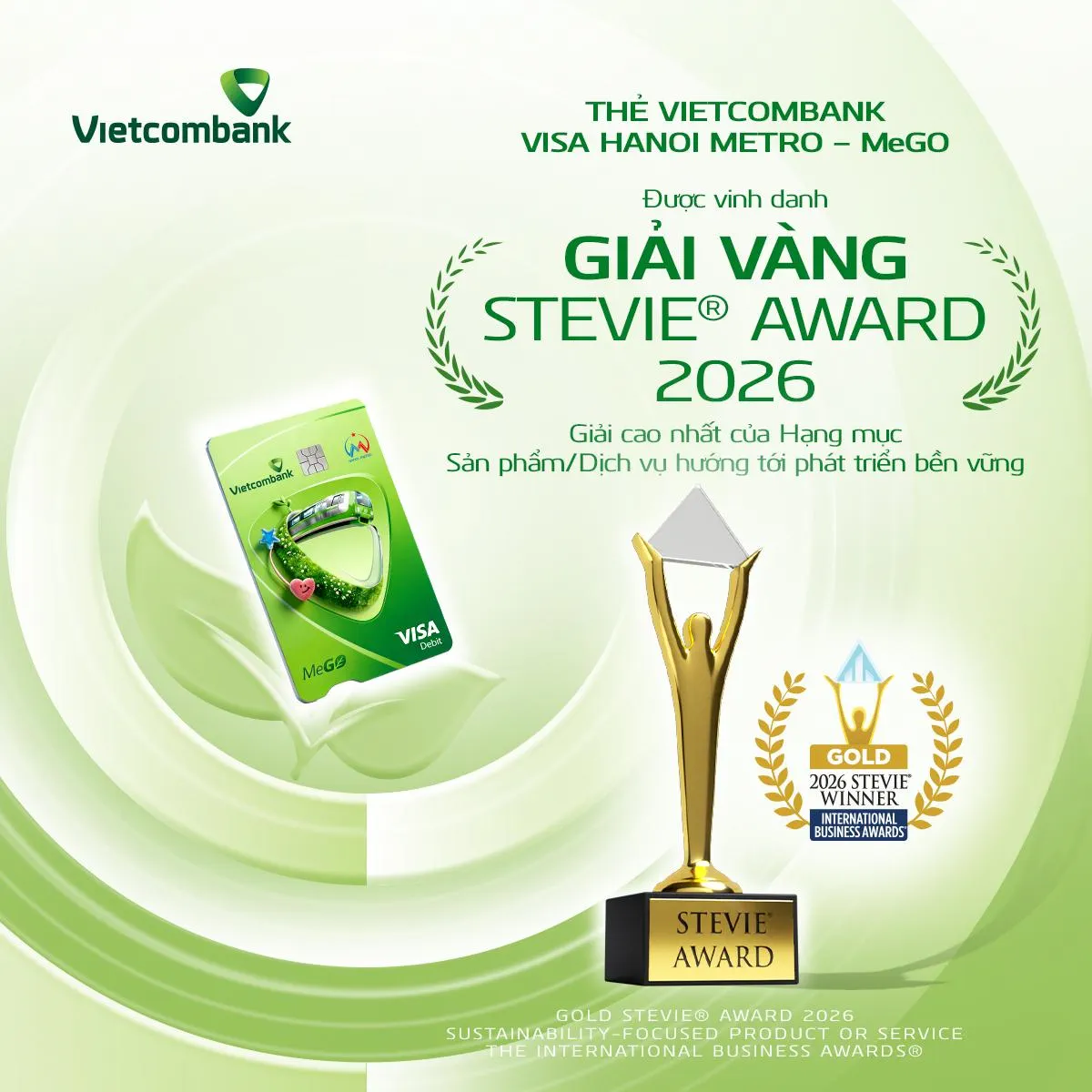 Thẻ Vietcombank Visa Hanoi Metro - MeGO giành Giải Vàng Stevie® Award 2026, đại diện duy nhất hạng mục Phát triển bền vững